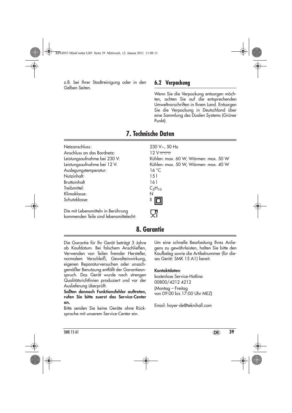 Technische daten, Garantie, 2 verpackung | Silvercrest SMK 15 A1 User Manual | Page 41 / 42