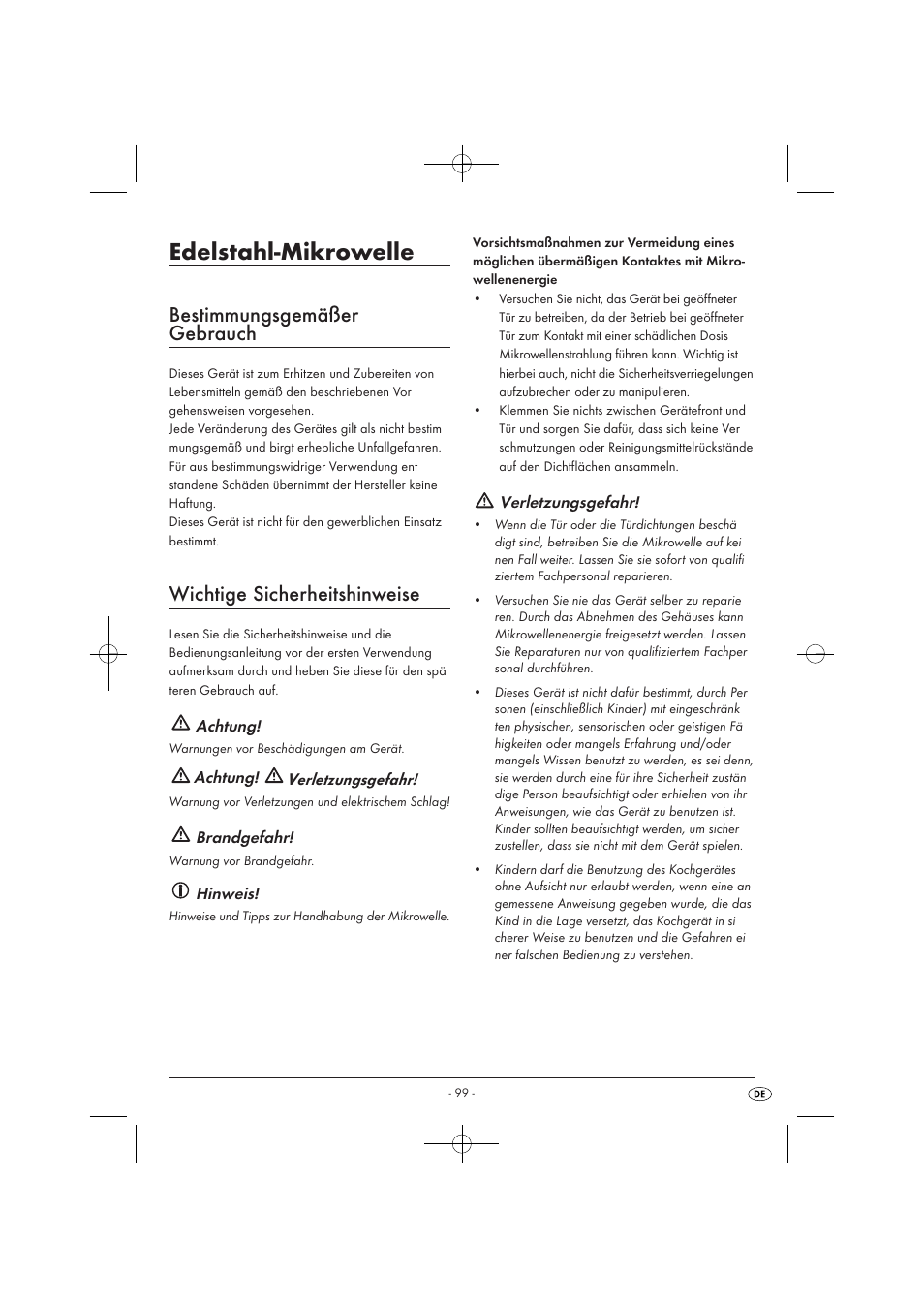 Edelstahl-mikrowelle, Bestimmungsgemäßer gebrauch, Wichtige sicherheitshinweise | Silvercrest SMW 900 EDS A1 User Manual | Page 101 / 123
