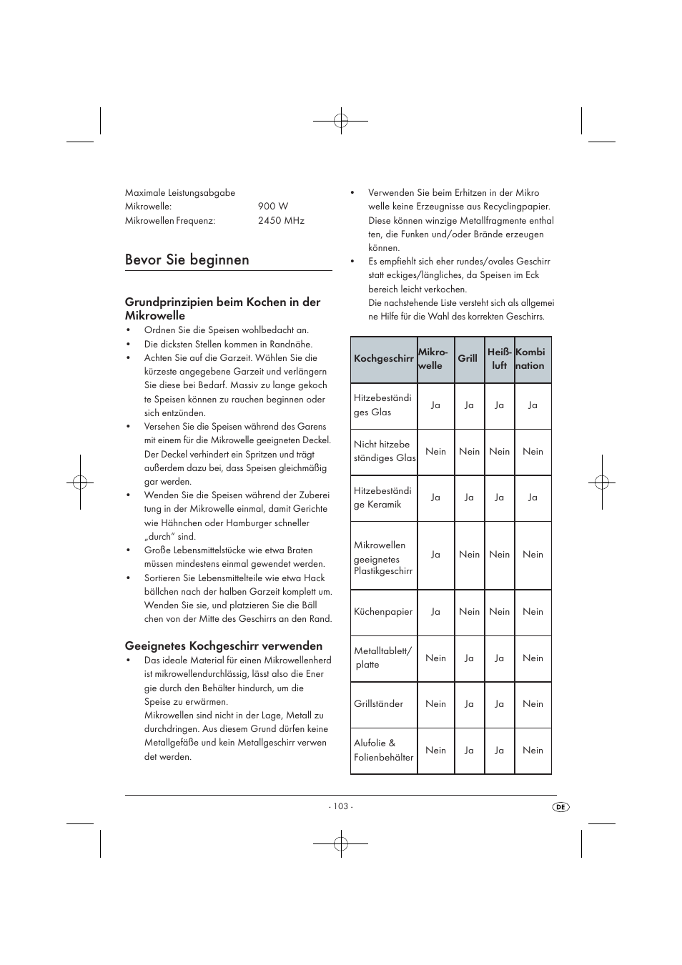 Bevor sie beginnen, Grundprinzipien beim kochen in der mikrowelle, Geeignetes kochgeschirr verwenden | Silvercrest SMW 900 EDS A1 User Manual | Page 105 / 123