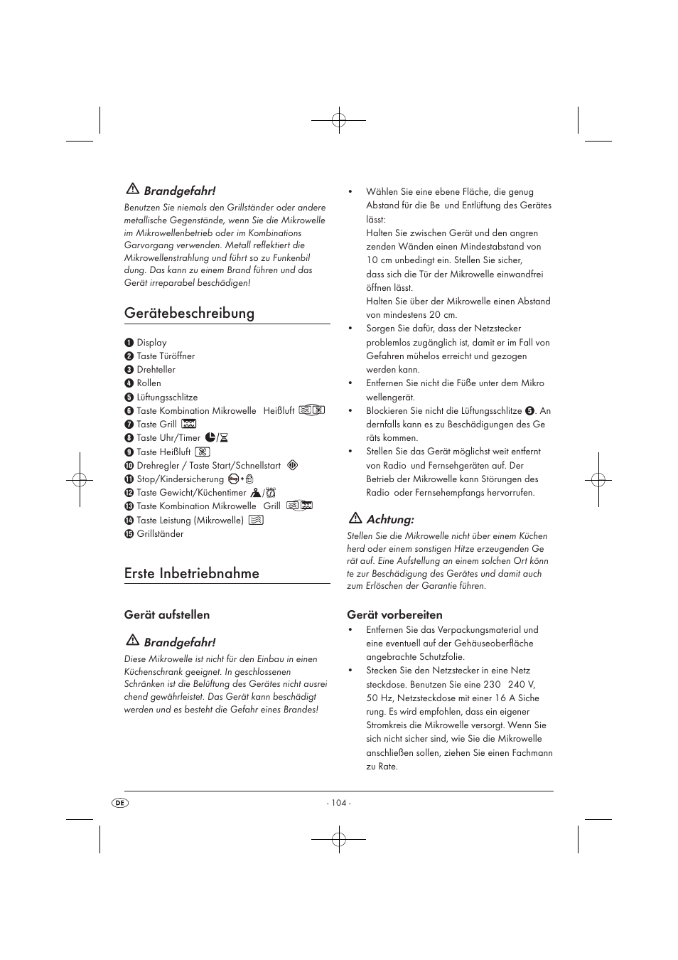 Gerätebeschreibung, Erste inbetriebnahme, Brandgefahr | Gerät aufstellen brandgefahr, Achtung, Gerät vorbereiten | Silvercrest SMW 900 EDS A1 User Manual | Page 106 / 123