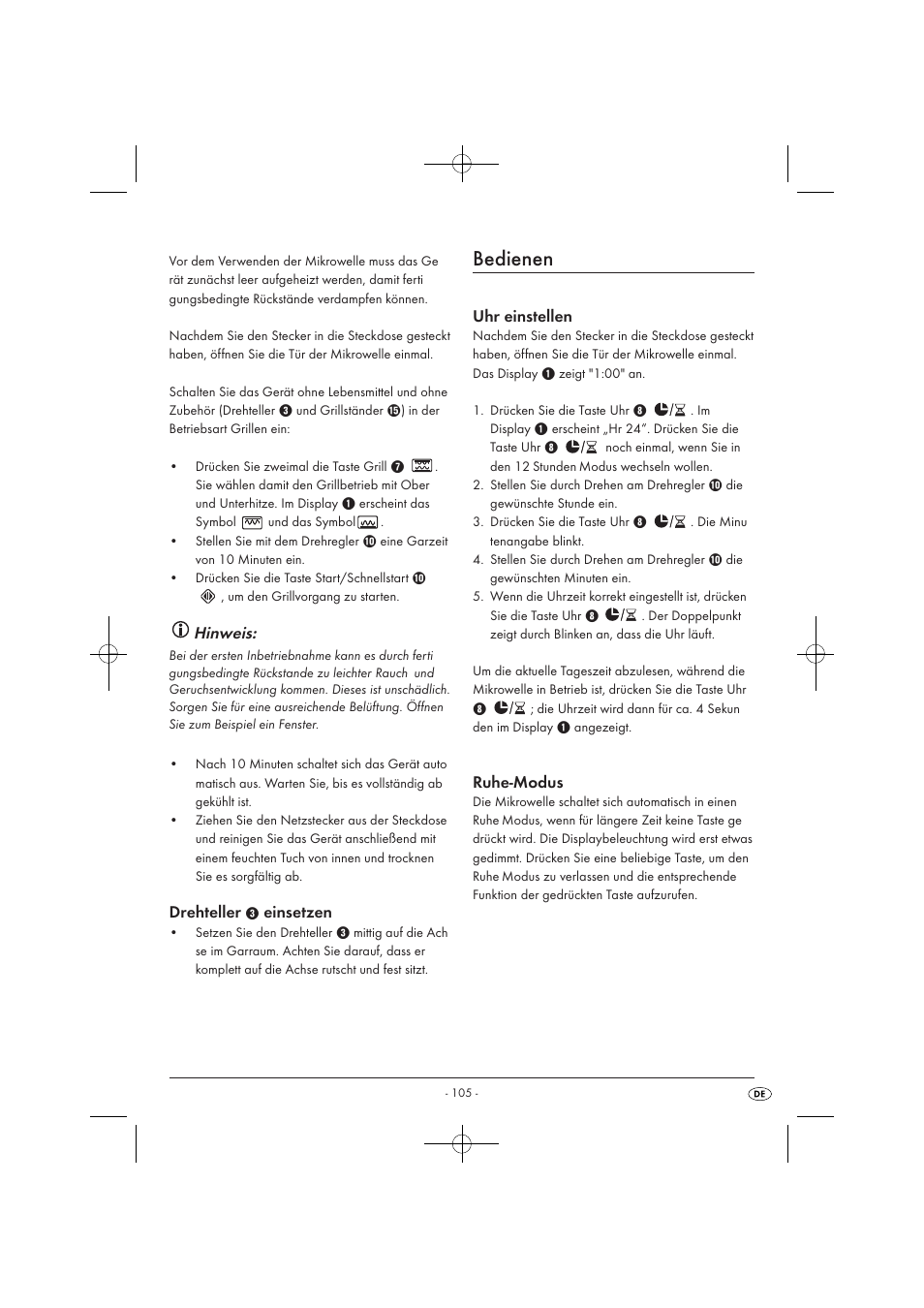 Bedienen, Hinweis, Drehteller | Einsetzen, Uhr einstellen, Ruhe-modus | Silvercrest SMW 900 EDS A1 User Manual | Page 107 / 123