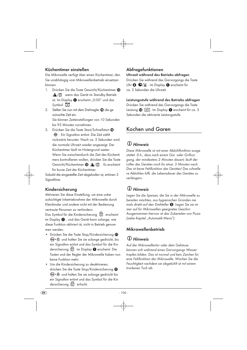 Kochen und garen, Küchentimer einstellen, Kindersicherung | Abfragefunktionen, Hinweis, Mikrowellenbetrieb hinweis | Silvercrest SMW 900 EDS A1 User Manual | Page 108 / 123