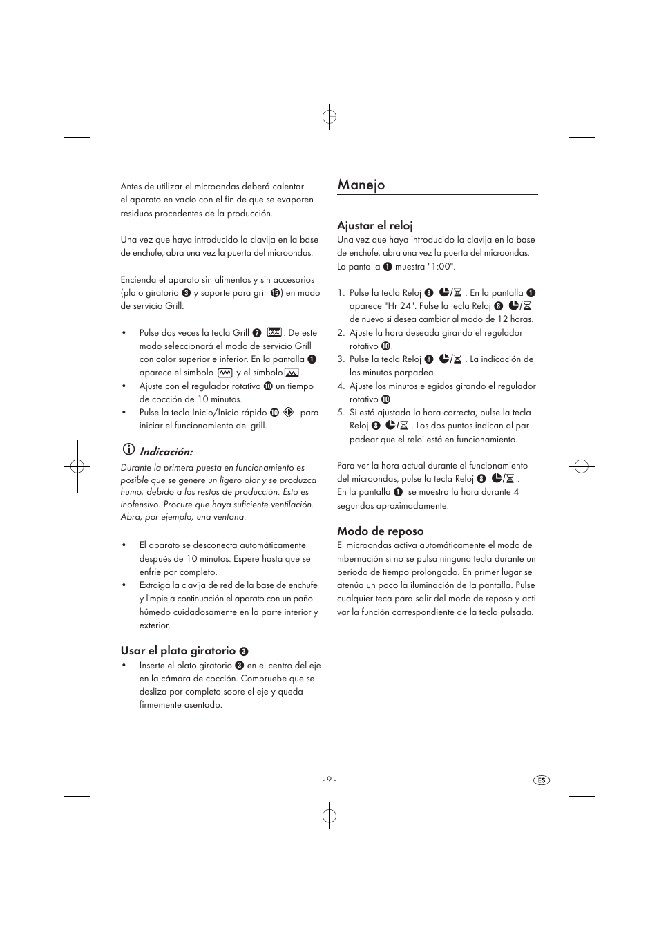 Manejo, Indicación, Usar el plato giratorio | Ajustar el reloj, Modo de reposo | Silvercrest SMW 900 EDS A1 User Manual | Page 11 / 123