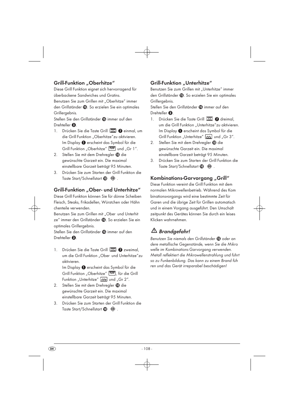 Grill-funktion „oberhitze, Grill-funktion „ober- und unterhitze, Grill-funktion „unterhitze | Kombinations-garvorgang „grill, Brandgefahr | Silvercrest SMW 900 EDS A1 User Manual | Page 110 / 123