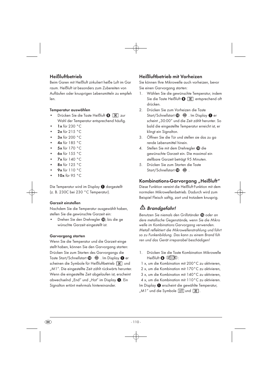 Heißluftbetrieb, Heißluftbetrieb mit vorheizen, Kombinations-garvorgang „heißluft | Brandgefahr | Silvercrest SMW 900 EDS A1 User Manual | Page 112 / 123