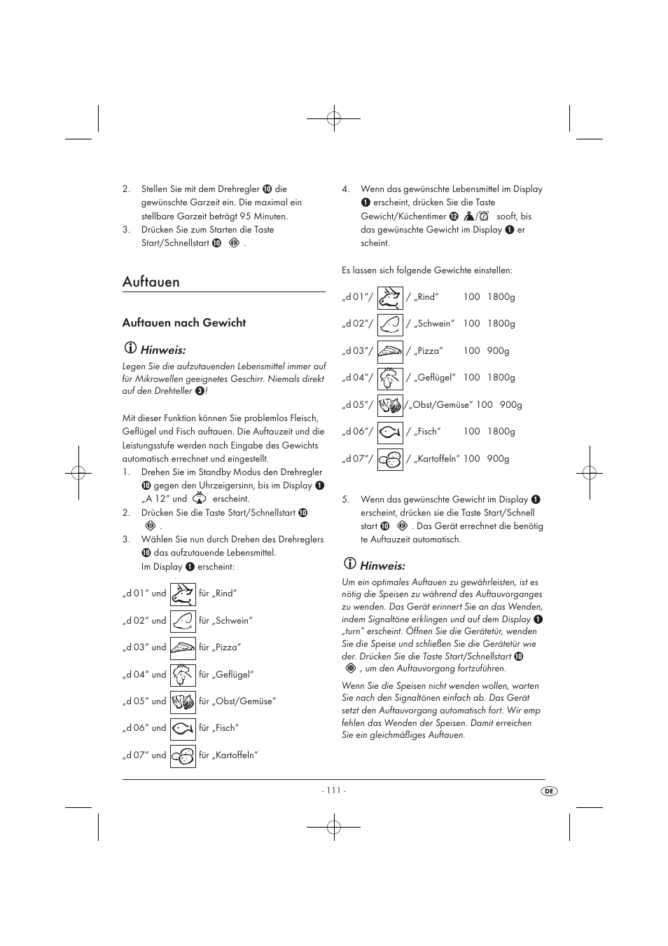 Auftauen, Auftauen nach gewicht hinweis, Hinweis | Silvercrest SMW 900 EDS A1 User Manual | Page 113 / 123