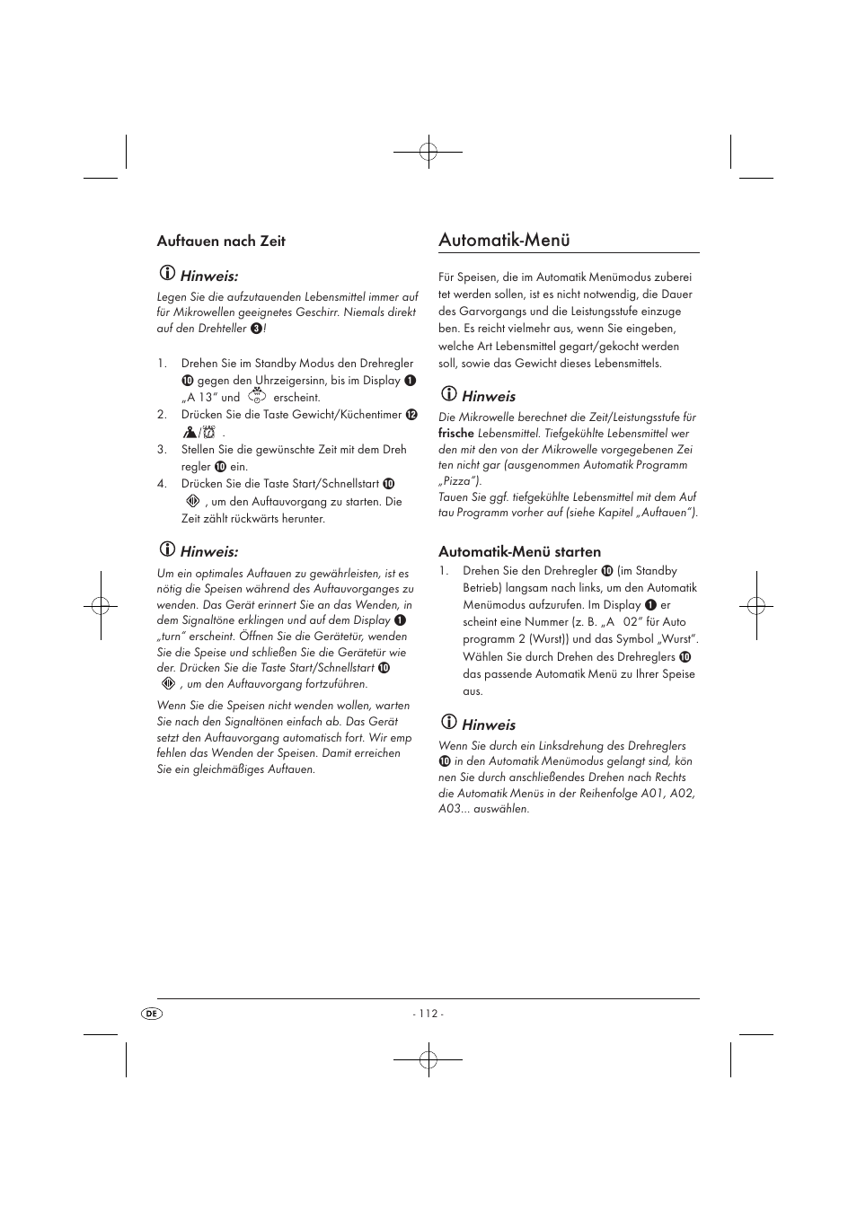 Automatik-menü, Auftauen nach zeit hinweis, Hinweis | Automatik-menü starten | Silvercrest SMW 900 EDS A1 User Manual | Page 114 / 123