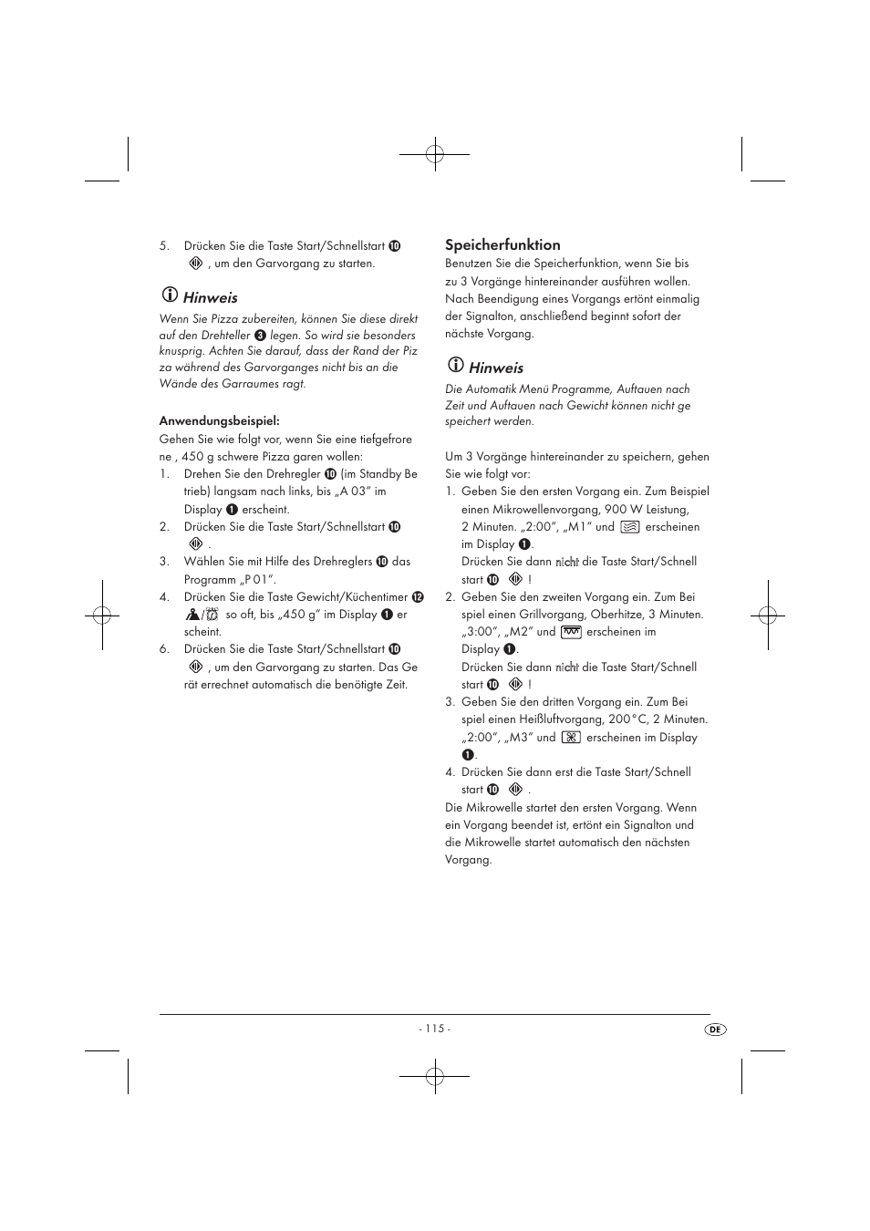 Hinweis, Speicherfunktion | Silvercrest SMW 900 EDS A1 User Manual | Page 117 / 123
