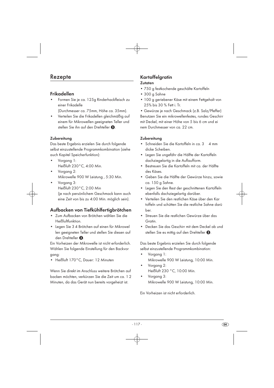 Rezepte, Frikadellen, Aufbacken von tiefkühlfertigbrötchen | Kartoffelgratin | Silvercrest SMW 900 EDS A1 User Manual | Page 119 / 123