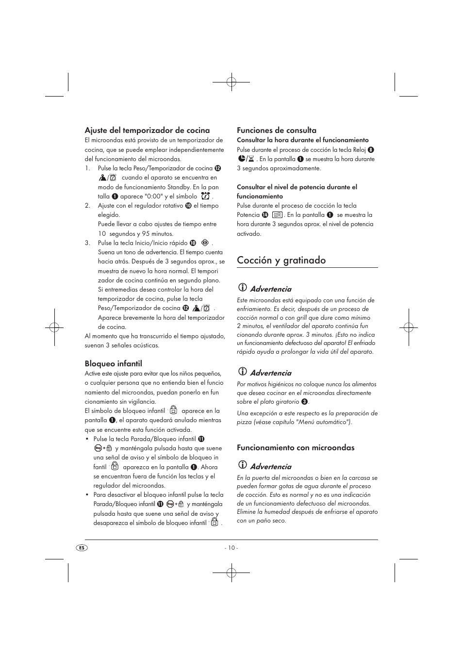 Cocción y gratinado, Ajuste del temporizador de cocina, Bloqueo infantil | Funciones de consulta, Advertencia, Funcionamiento con microondas advertencia | Silvercrest SMW 900 EDS A1 User Manual | Page 12 / 123