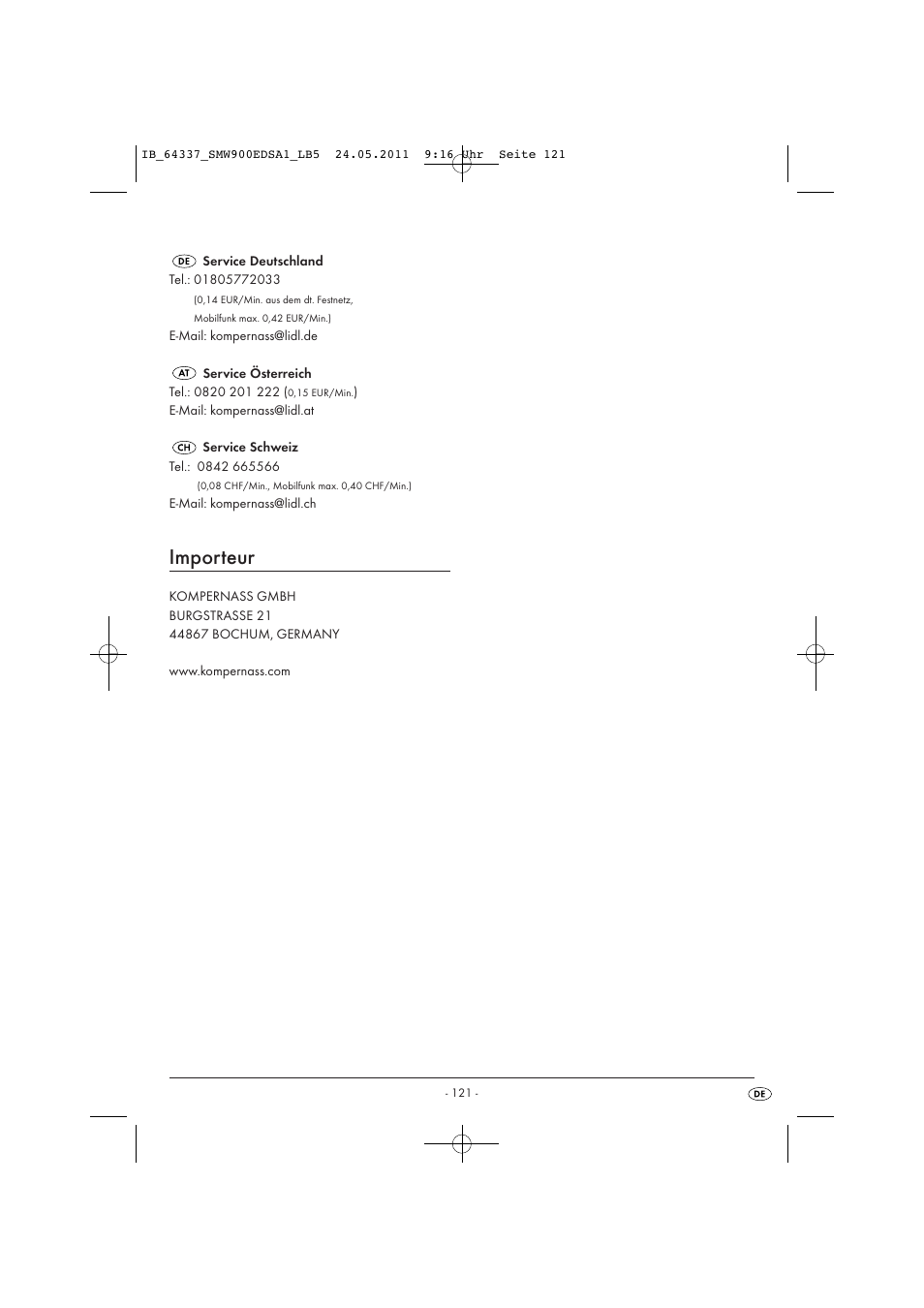 Importeur | Silvercrest SMW 900 EDS A1 User Manual | Page 123 / 123