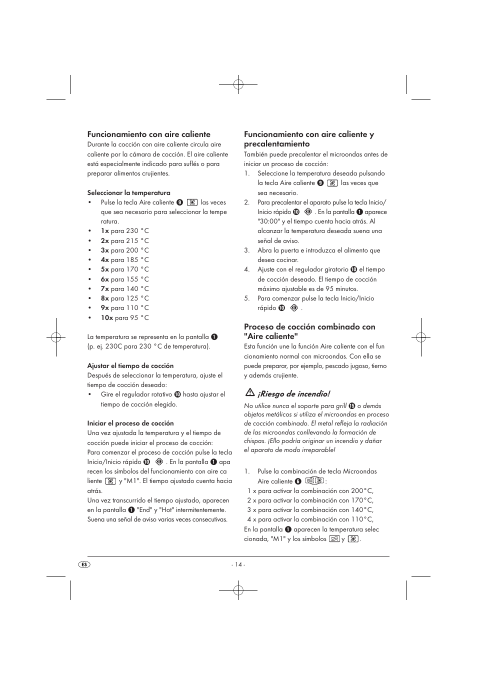 Funcionamiento con aire caliente, Proceso de cocción combinado con "aire caliente, Riesgo de incendio | Silvercrest SMW 900 EDS A1 User Manual | Page 16 / 123