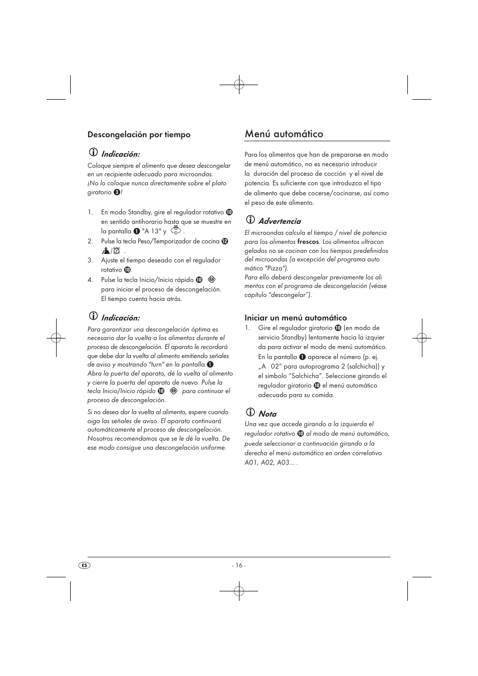 Menú automático, Descongelación por tiempo indicación, Indicación | Advertencia, Iniciar un menú automático, Nota | Silvercrest SMW 900 EDS A1 User Manual | Page 18 / 123