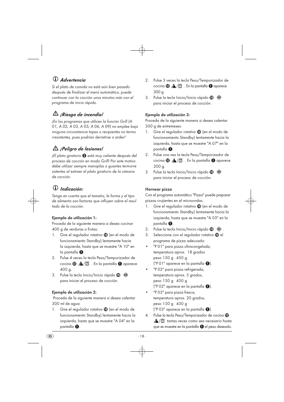 Advertencia, Riesgo de incendio, Peligro de lesiones | Indicación | Silvercrest SMW 900 EDS A1 User Manual | Page 20 / 123