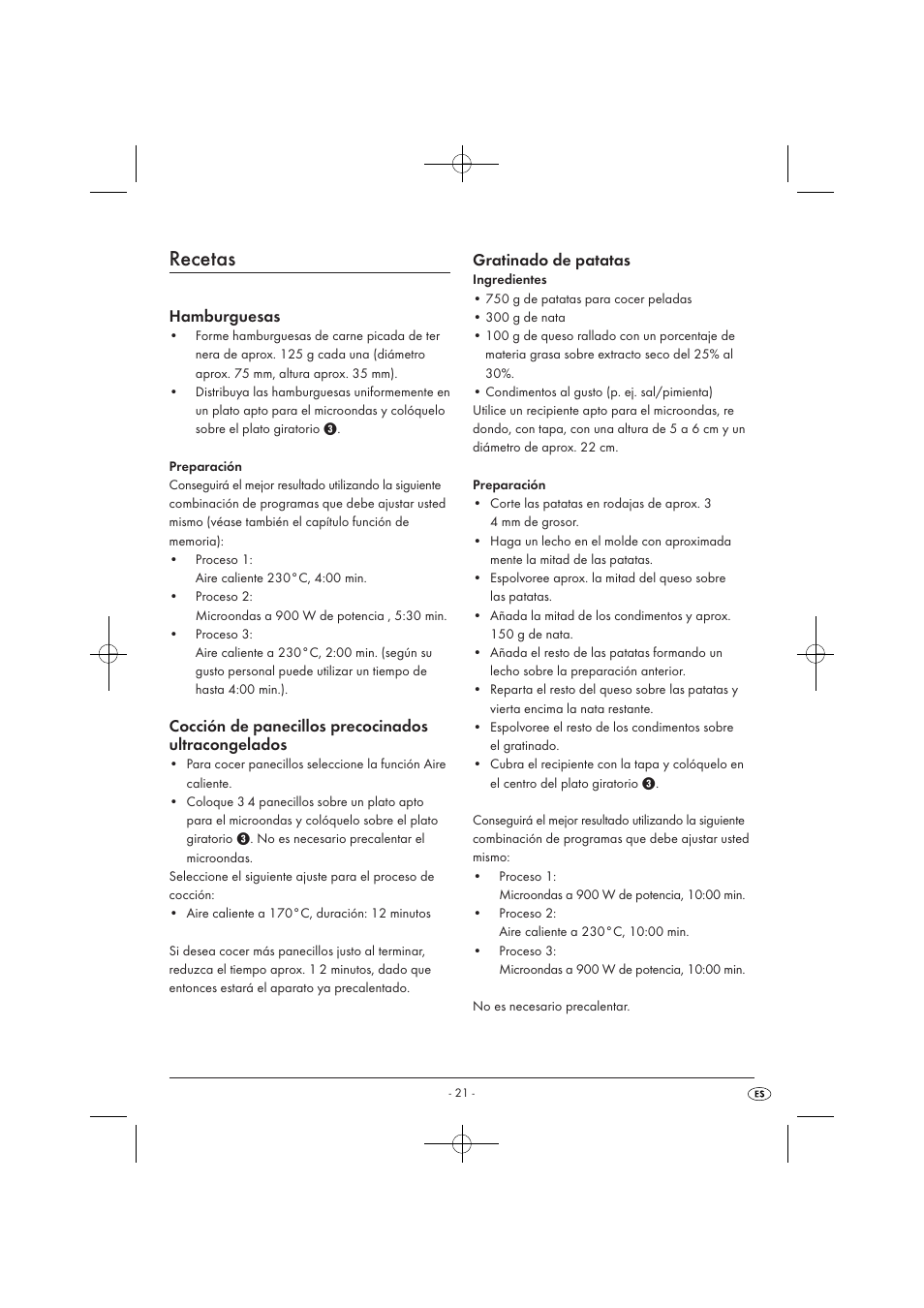 Recetas, Hamburguesas, Cocción de panecillos precocinados ultracongelados | Gratinado de patatas | Silvercrest SMW 900 EDS A1 User Manual | Page 23 / 123