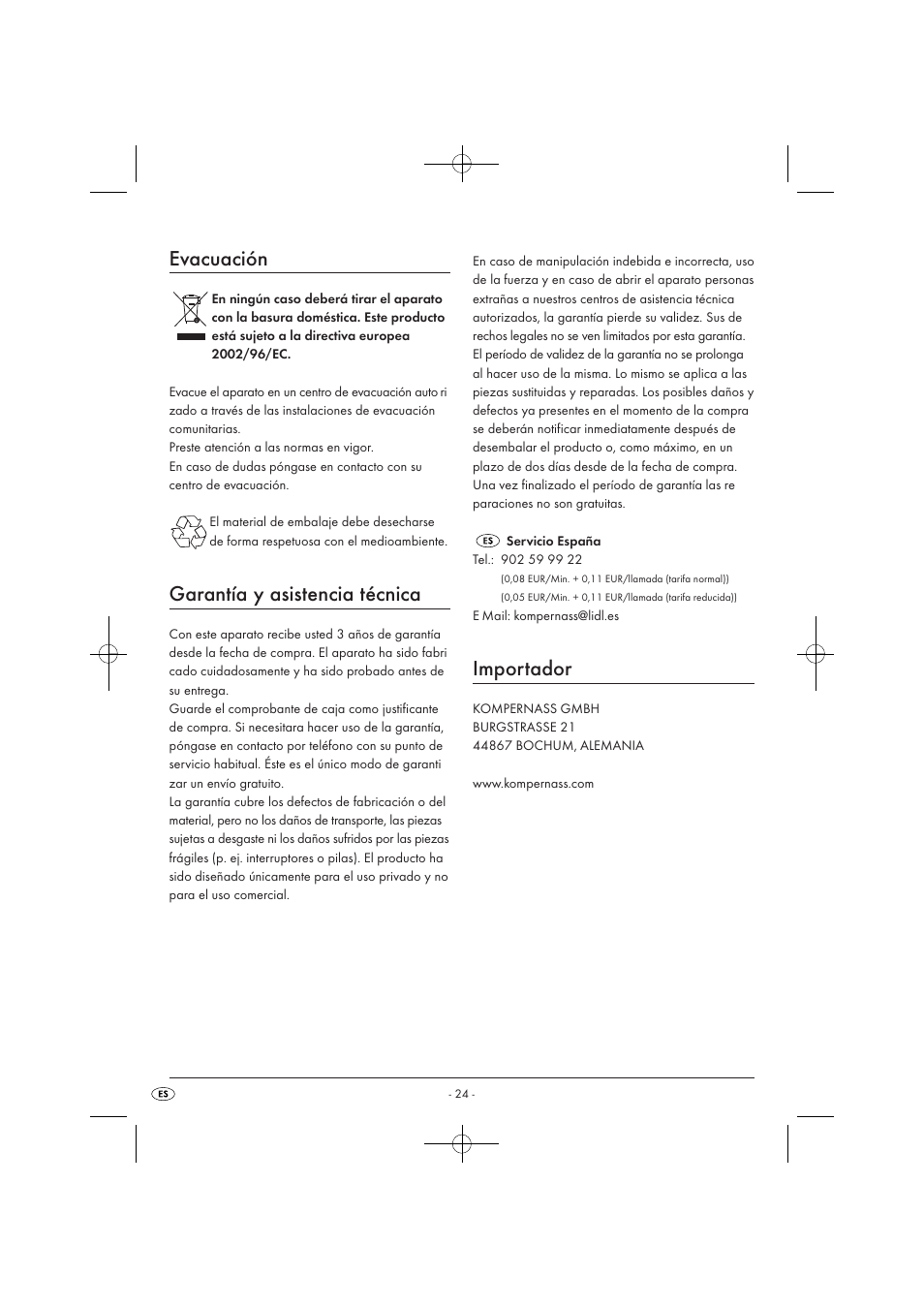Evacuación, Garantía y asistencia técnica, Importador | Silvercrest SMW 900 EDS A1 User Manual | Page 26 / 123