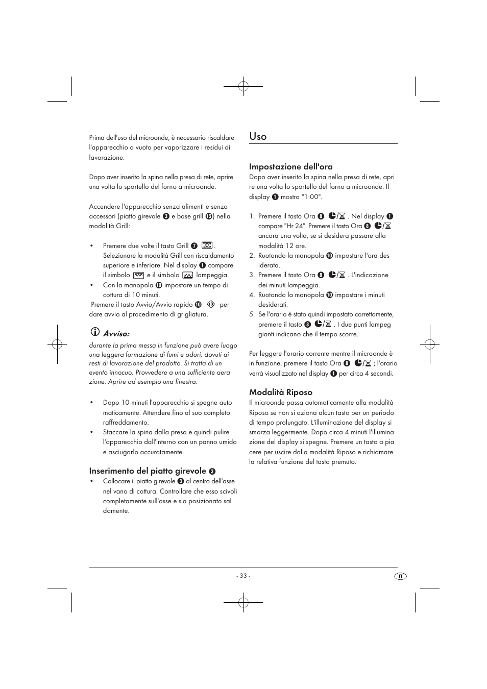 Avviso, Inserimento del piatto girevole, Impostazione dell'ora | Modalità riposo | Silvercrest SMW 900 EDS A1 User Manual | Page 35 / 123