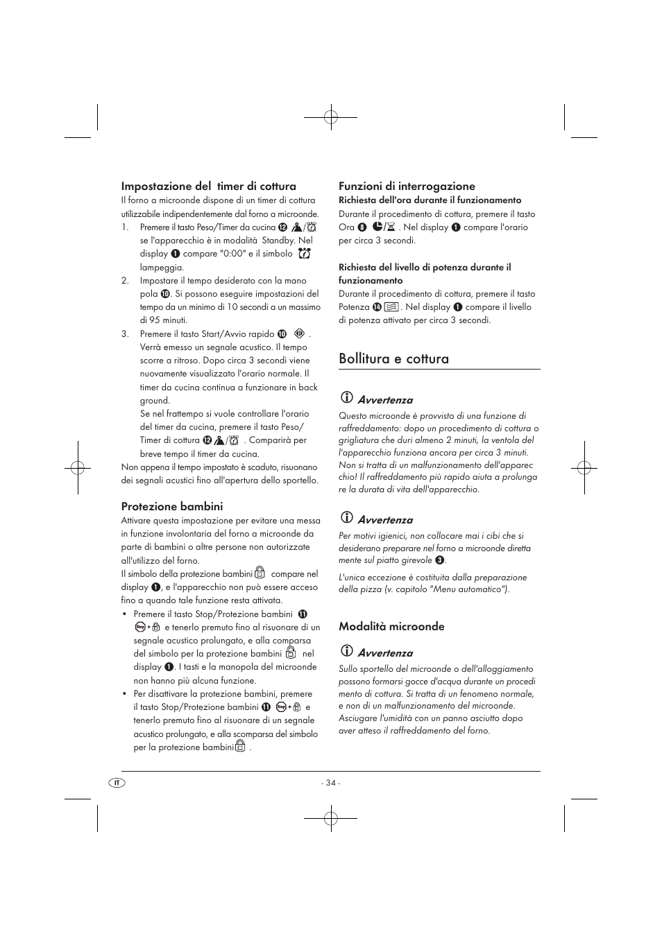 Bollitura e cottura, Impostazione del timer di cottura, Protezione bambini | Funzioni di interrogazione, Avvertenza, Modalità microonde avvertenza | Silvercrest SMW 900 EDS A1 User Manual | Page 36 / 123