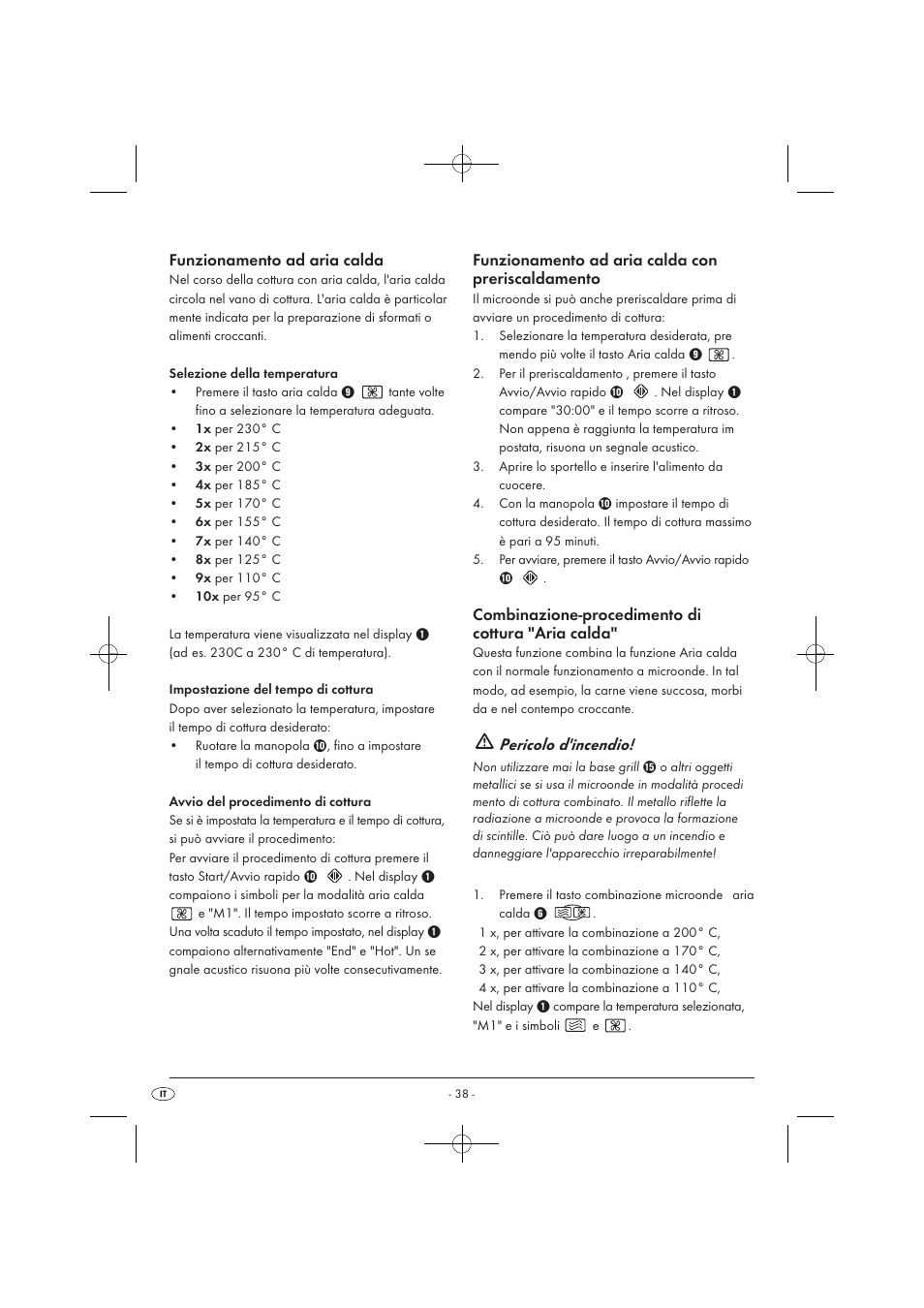 Funzionamento ad aria calda, Funzionamento ad aria calda con preriscaldamento, Combinazione-procedimento di cottura 