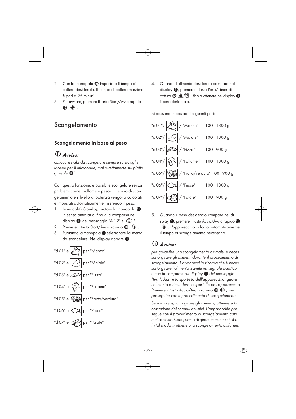 Scongelamento, Scongelamento in base al peso avviso, Avviso | Silvercrest SMW 900 EDS A1 User Manual | Page 41 / 123