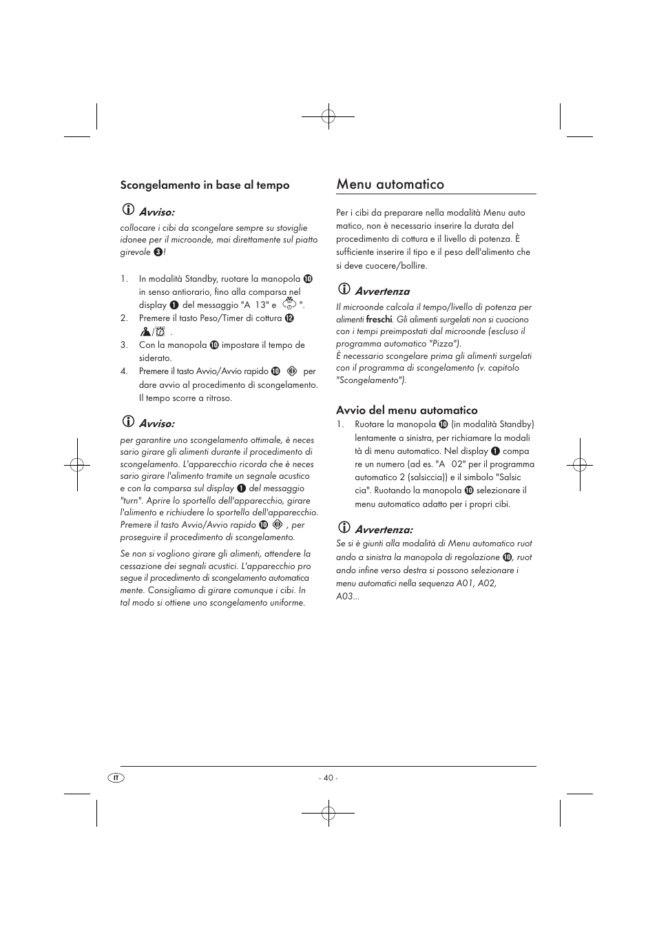 Menu automatico, Scongelamento in base al tempo avviso, Avviso | Avvertenza, Avvio del menu automatico | Silvercrest SMW 900 EDS A1 User Manual | Page 42 / 123