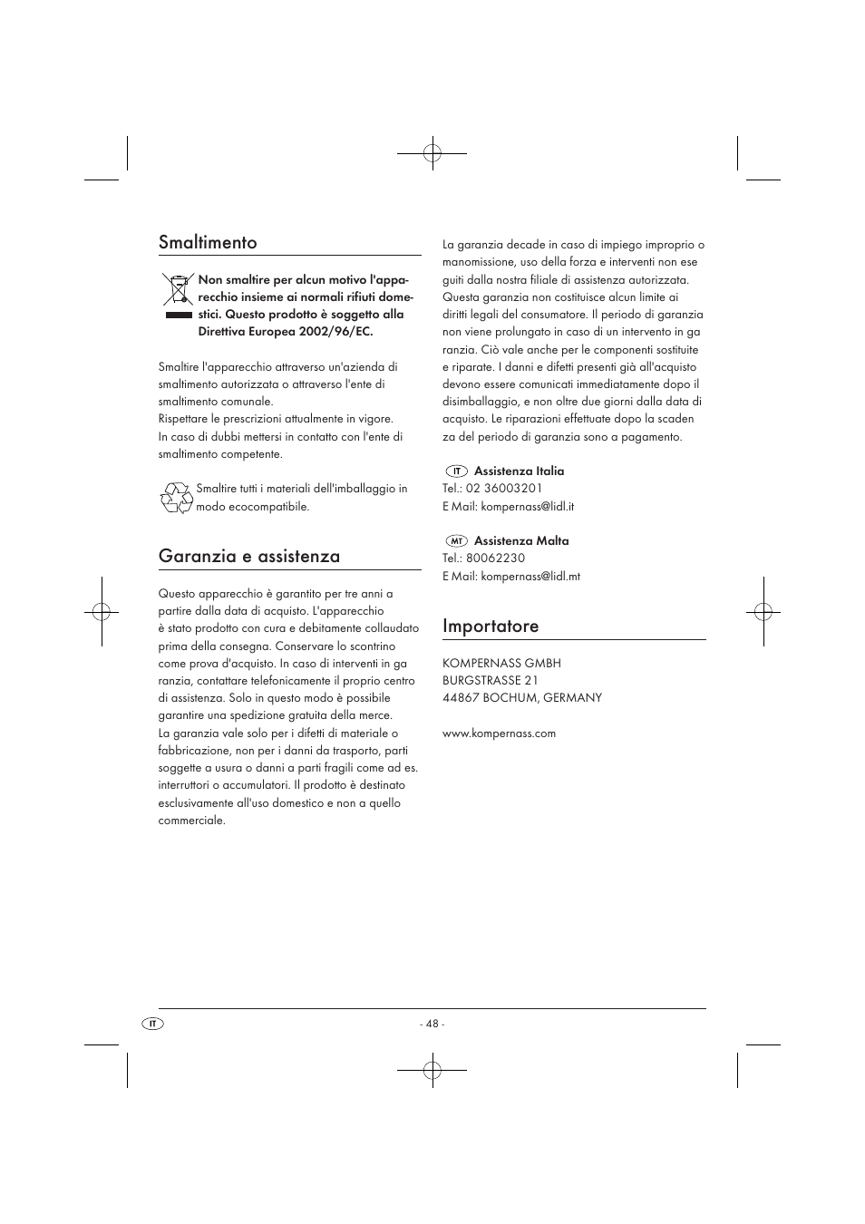 Smaltimento, Garanzia e assistenza, Importatore | Silvercrest SMW 900 EDS A1 User Manual | Page 50 / 123