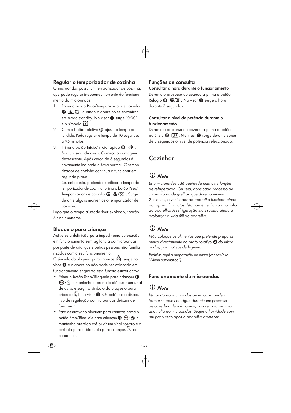 Cozinhar, Regular o temporizador de cozinha, Bloqueio para crianças | Funções de consulta, Nota, Funcionamento de microondas nota | Silvercrest SMW 900 EDS A1 User Manual | Page 60 / 123