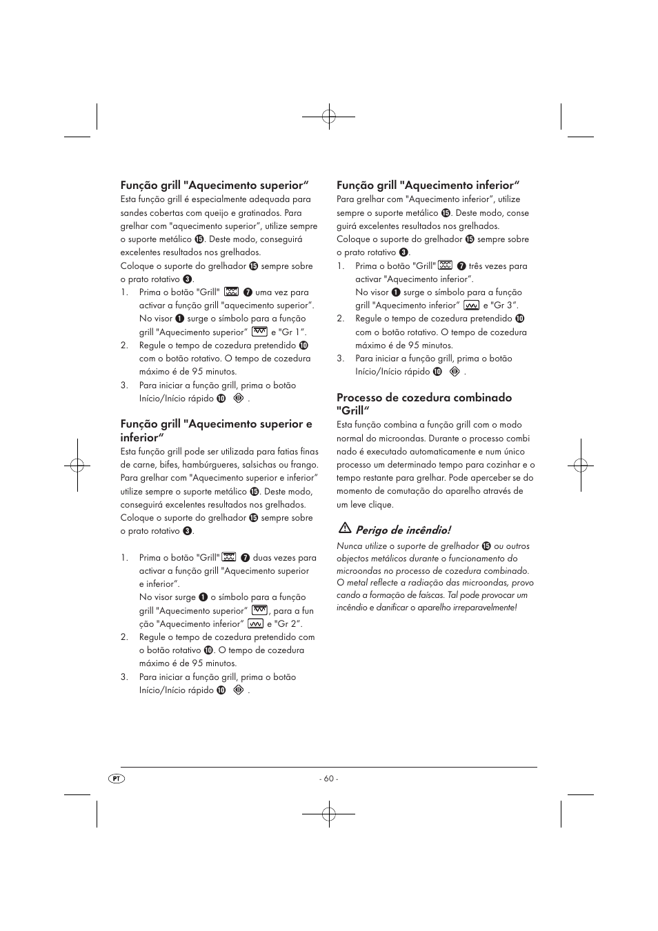 Função grill "aquecimento superior, Função grill "aquecimento superior e inferior, Função grill "aquecimento inferior | Processo de cozedura combinado "grill, Perigo de incêndio | Silvercrest SMW 900 EDS A1 User Manual | Page 62 / 123
