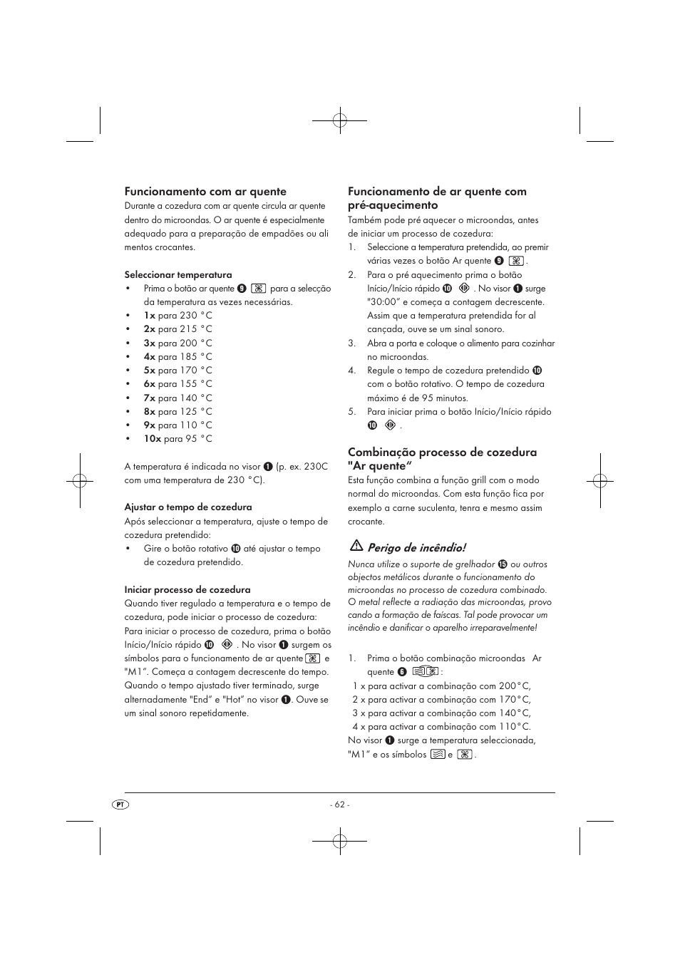 Funcionamento com ar quente, Funcionamento de ar quente com pré-aquecimento, Combinação processo de cozedura "ar quente | Perigo de incêndio | Silvercrest SMW 900 EDS A1 User Manual | Page 64 / 123