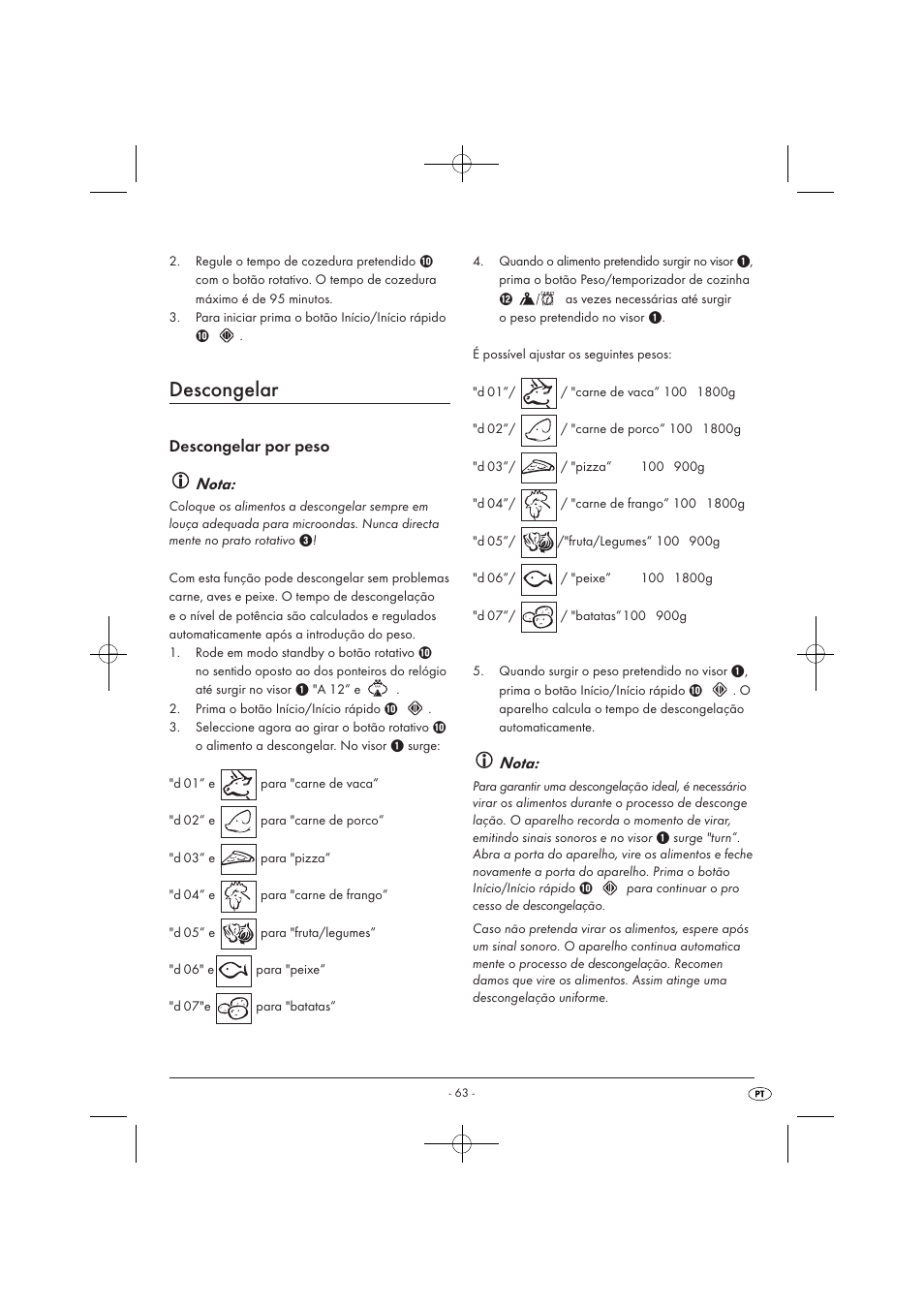Descongelar, Descongelar por peso nota, Nota | Silvercrest SMW 900 EDS A1 User Manual | Page 65 / 123