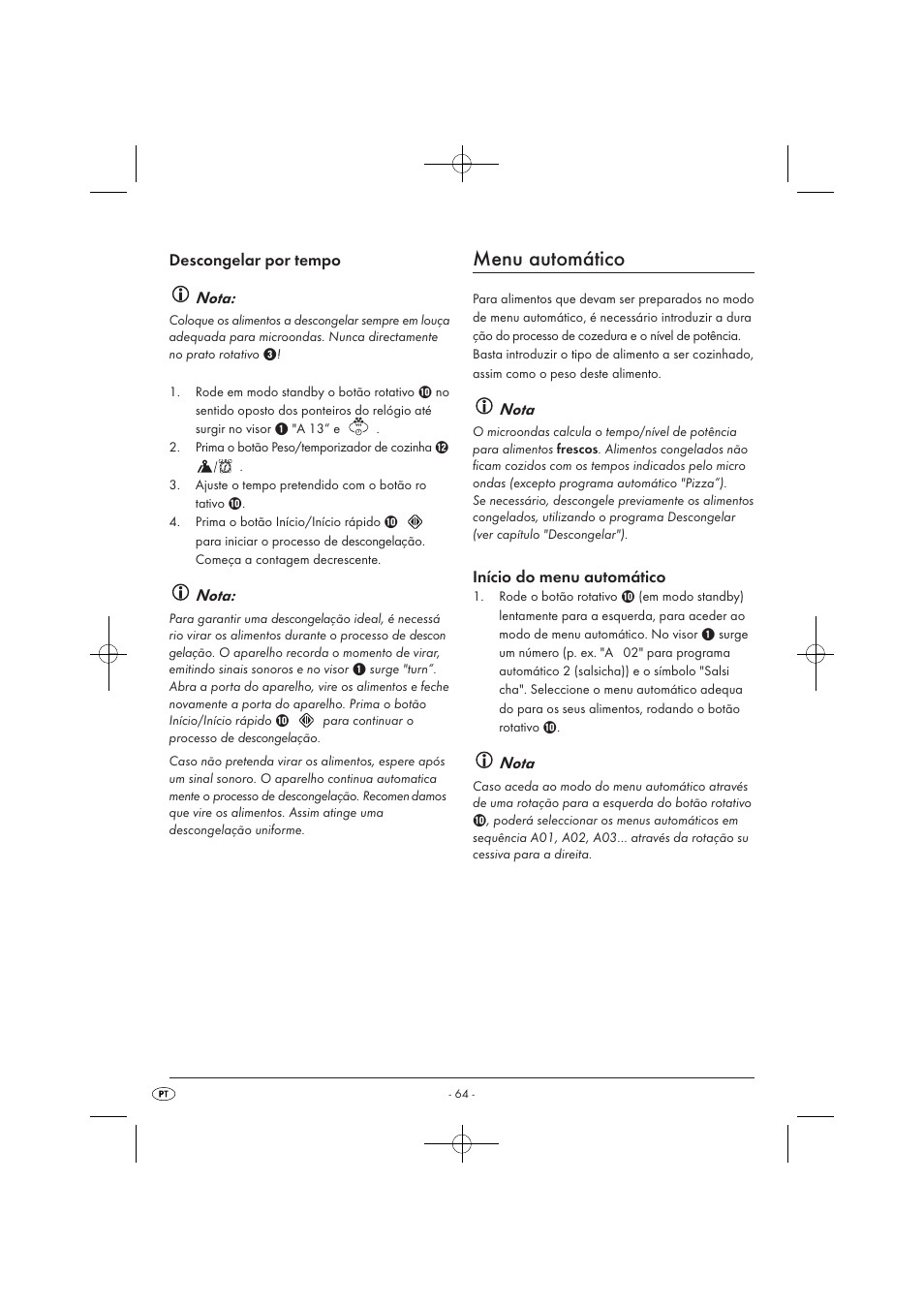 Menu automático, Descongelar por tempo nota, Nota | Início do menu automático | Silvercrest SMW 900 EDS A1 User Manual | Page 66 / 123