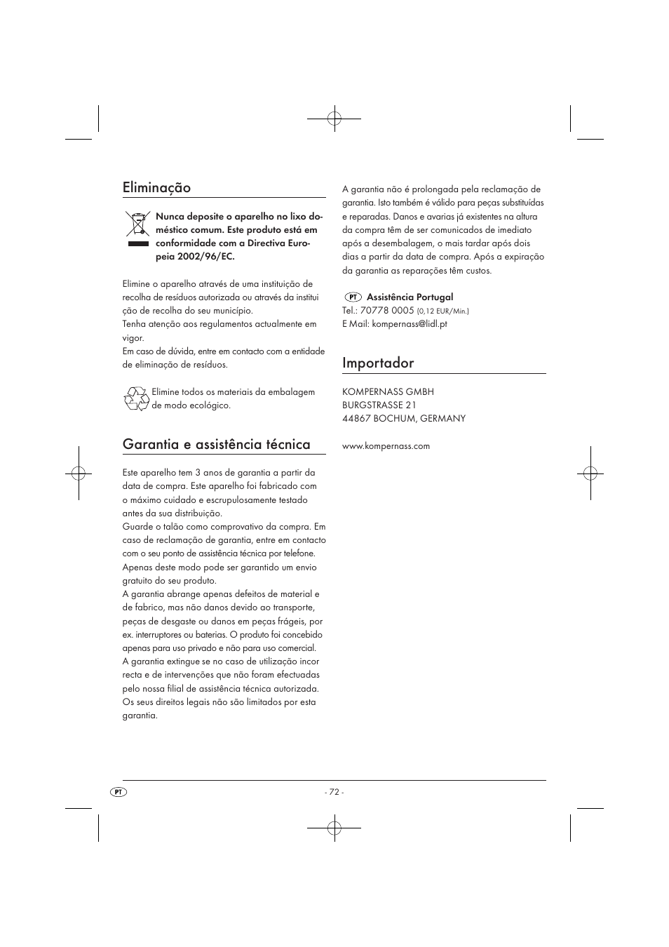 Eliminação, Garantia e assistência técnica, Importador | Silvercrest SMW 900 EDS A1 User Manual | Page 74 / 123