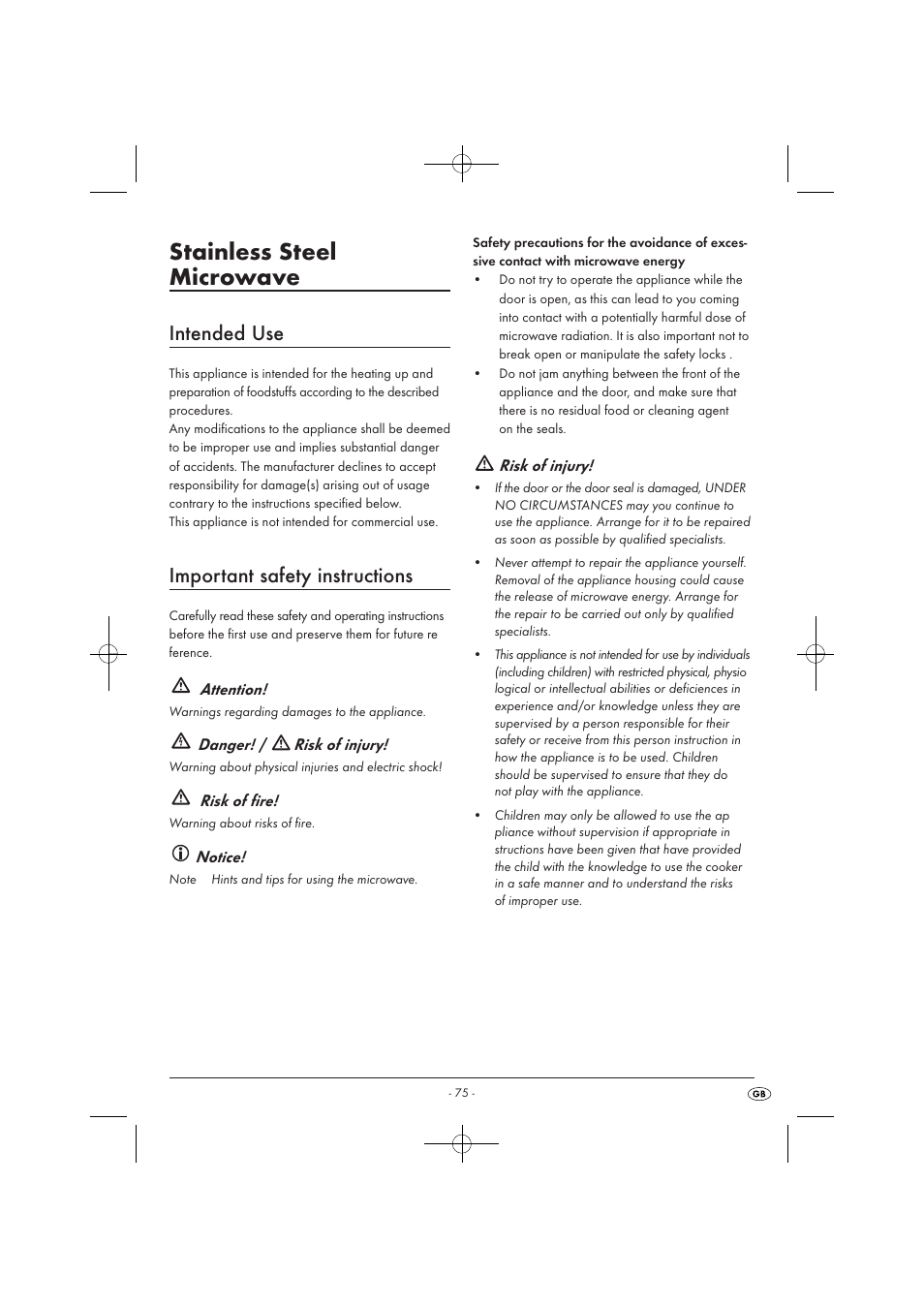 Stainless steel microwave, Intended use, Important safety instructions | Silvercrest SMW 900 EDS A1 User Manual | Page 77 / 123
