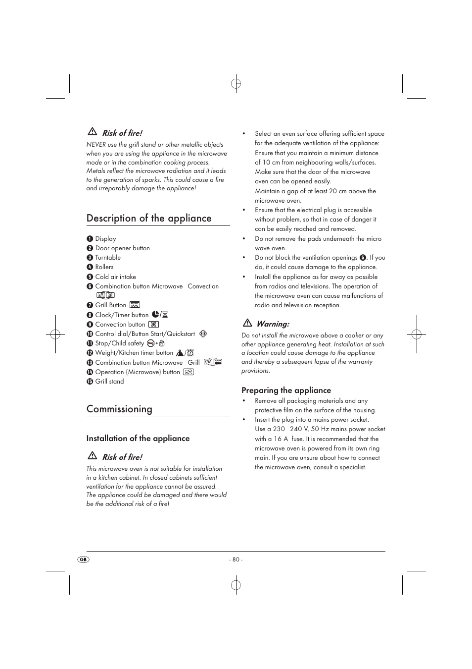Description of the appliance, Commissioning, Risk of fire | Installation of the appliance risk of fire, Warning, Preparing the appliance | Silvercrest SMW 900 EDS A1 User Manual | Page 82 / 123