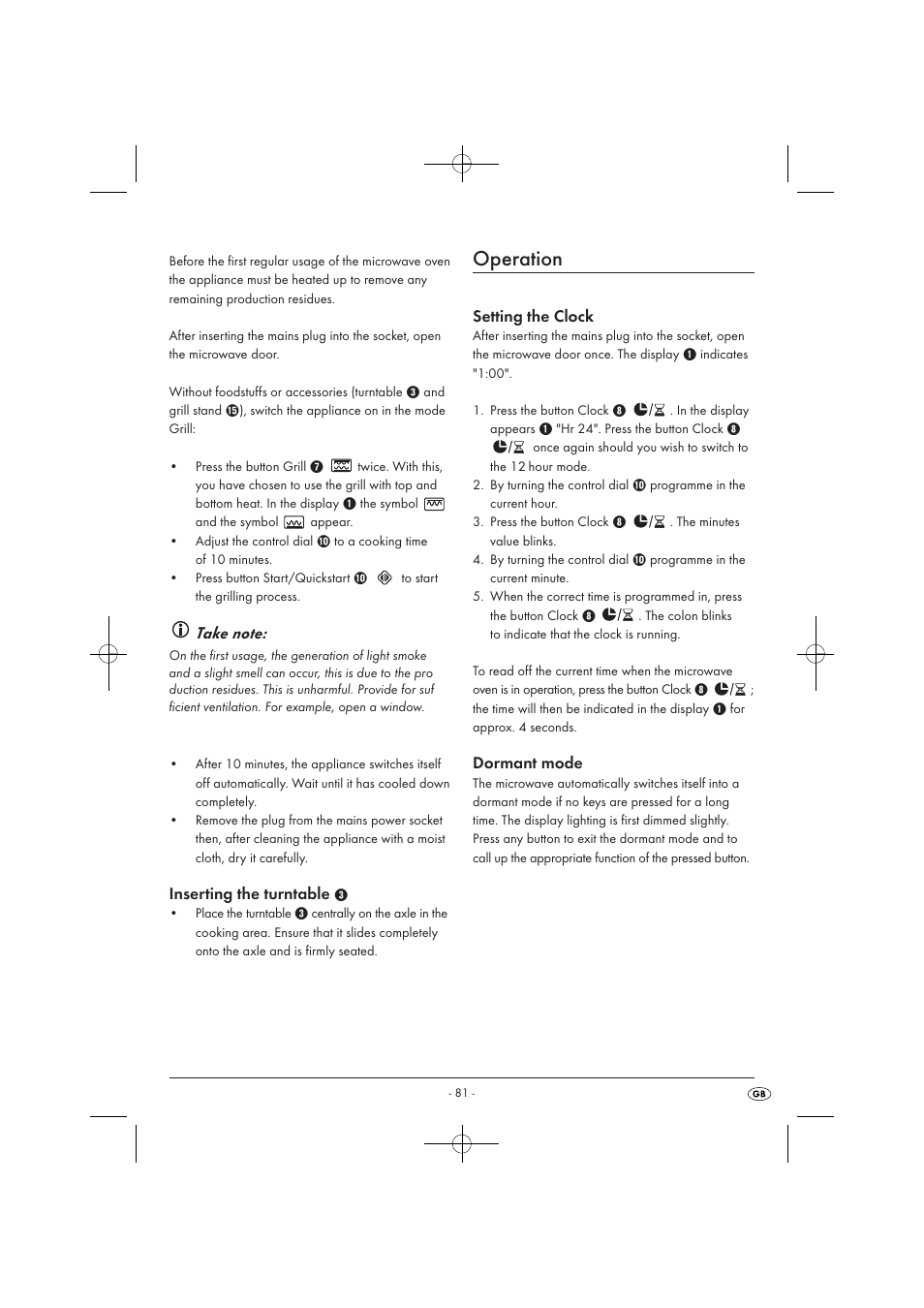Operation, Inserting the turntable, Setting the clock | Dormant mode | Silvercrest SMW 900 EDS A1 User Manual | Page 83 / 123
