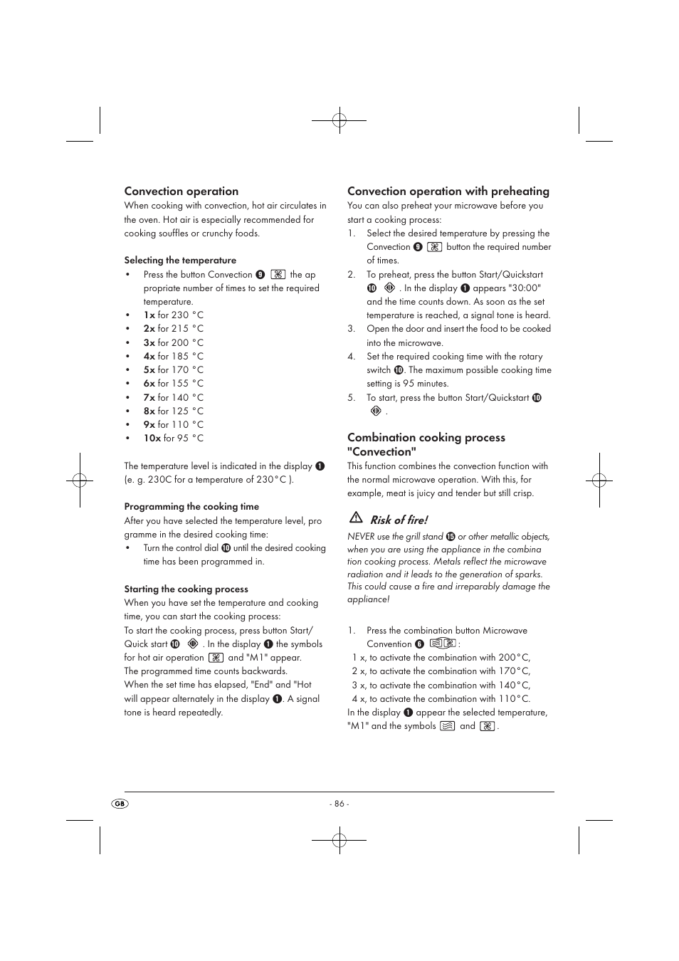 Convection operation, Convection operation with preheating, Combination cooking process "convection | Risk of fire | Silvercrest SMW 900 EDS A1 User Manual | Page 88 / 123