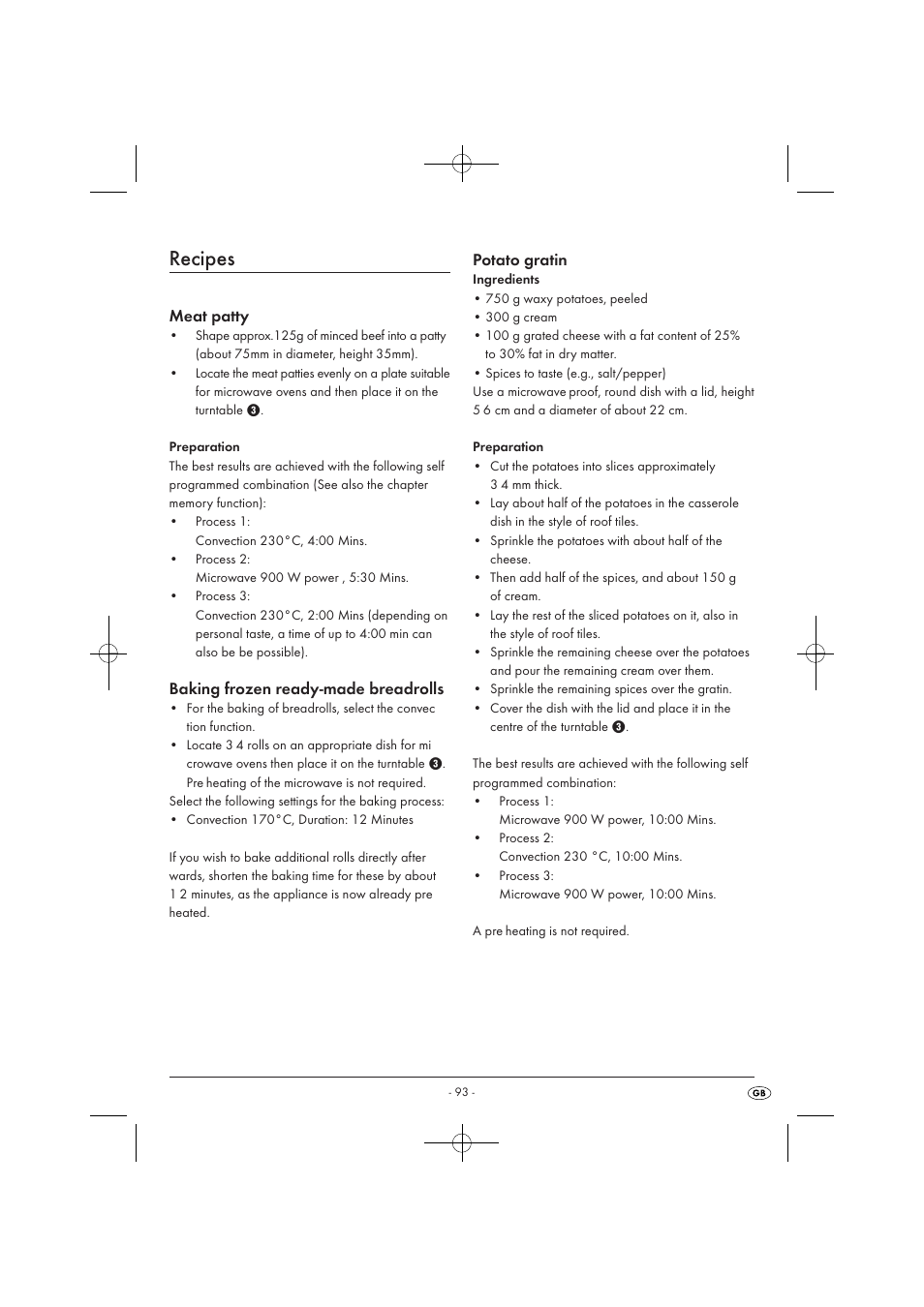 Recipes, Meat patty, Baking frozen ready-made breadrolls | Potato gratin | Silvercrest SMW 900 EDS A1 User Manual | Page 95 / 123