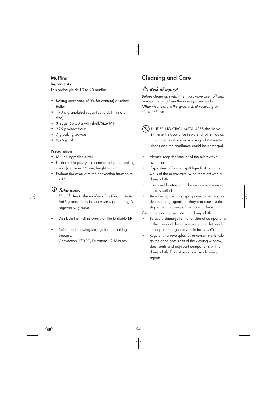 Cleaning and care, Muffins, Risk of injury | Silvercrest SMW 900 EDS A1 User Manual | Page 96 / 123