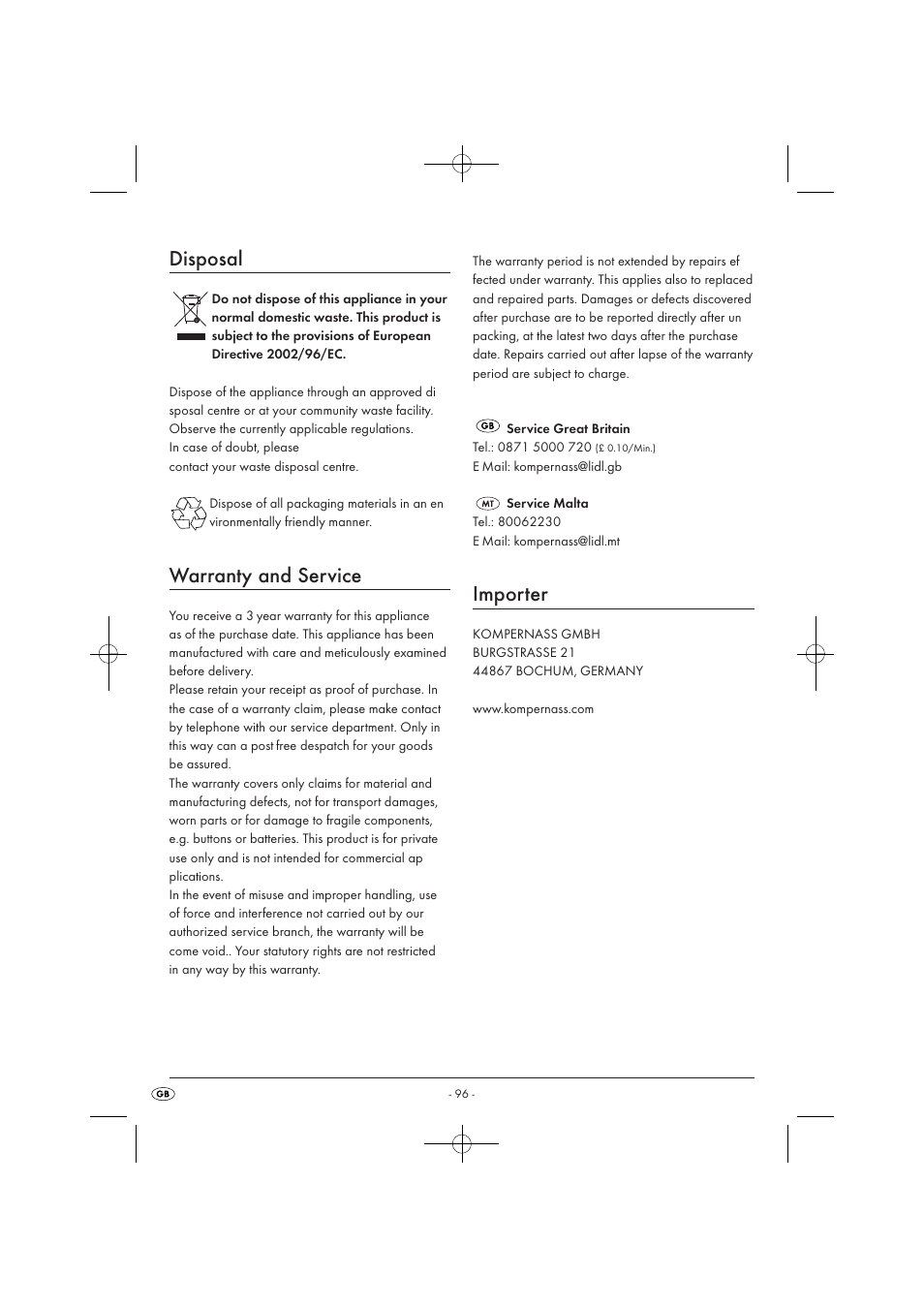 Disposal, Warranty and service, Importer | Silvercrest SMW 900 EDS A1 User Manual | Page 98 / 123