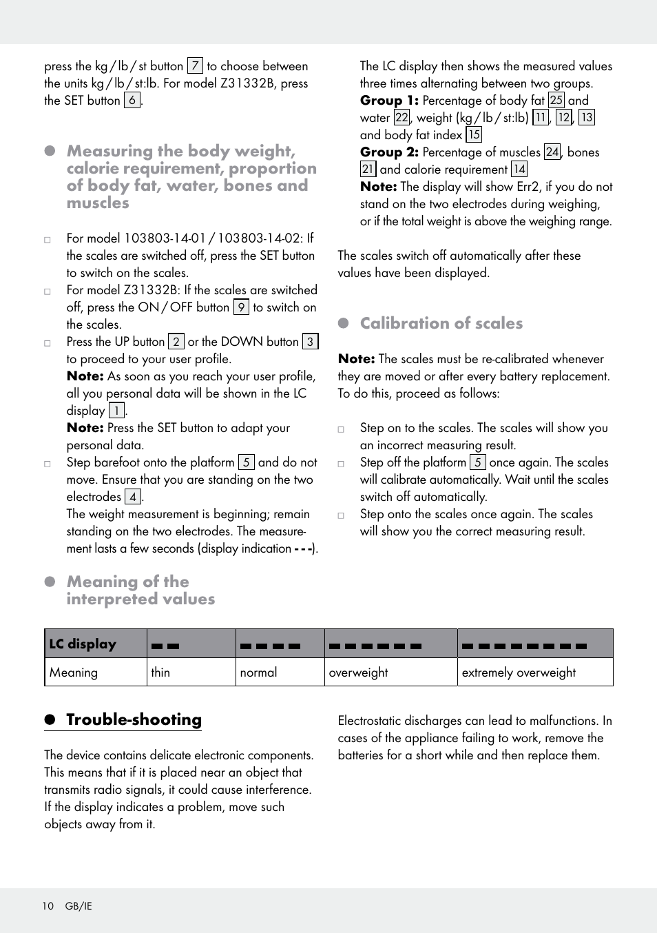 Calibration of scales, Meaning of the interpreted values, Trouble-shooting | Silvercrest 103803-14-01/103803-14-02 User Manual | Page 10 / 57