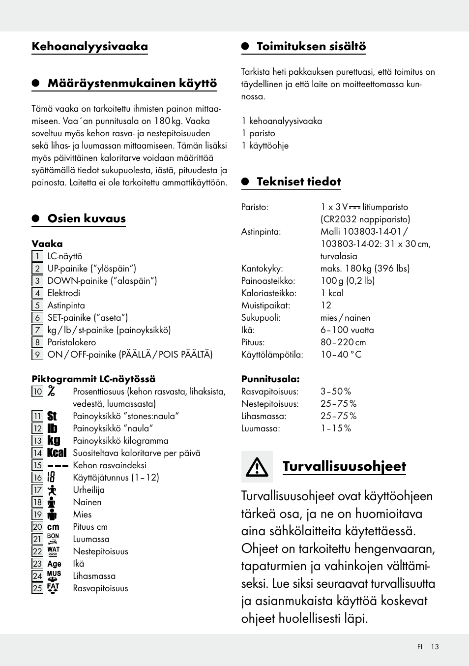 Kehoanalyysivaaka määräystenmukainen käyttö, Osien kuvaus, Toimituksen sisältö | Tekniset tiedot | Silvercrest 103803-14-01/103803-14-02 User Manual | Page 13 / 57
