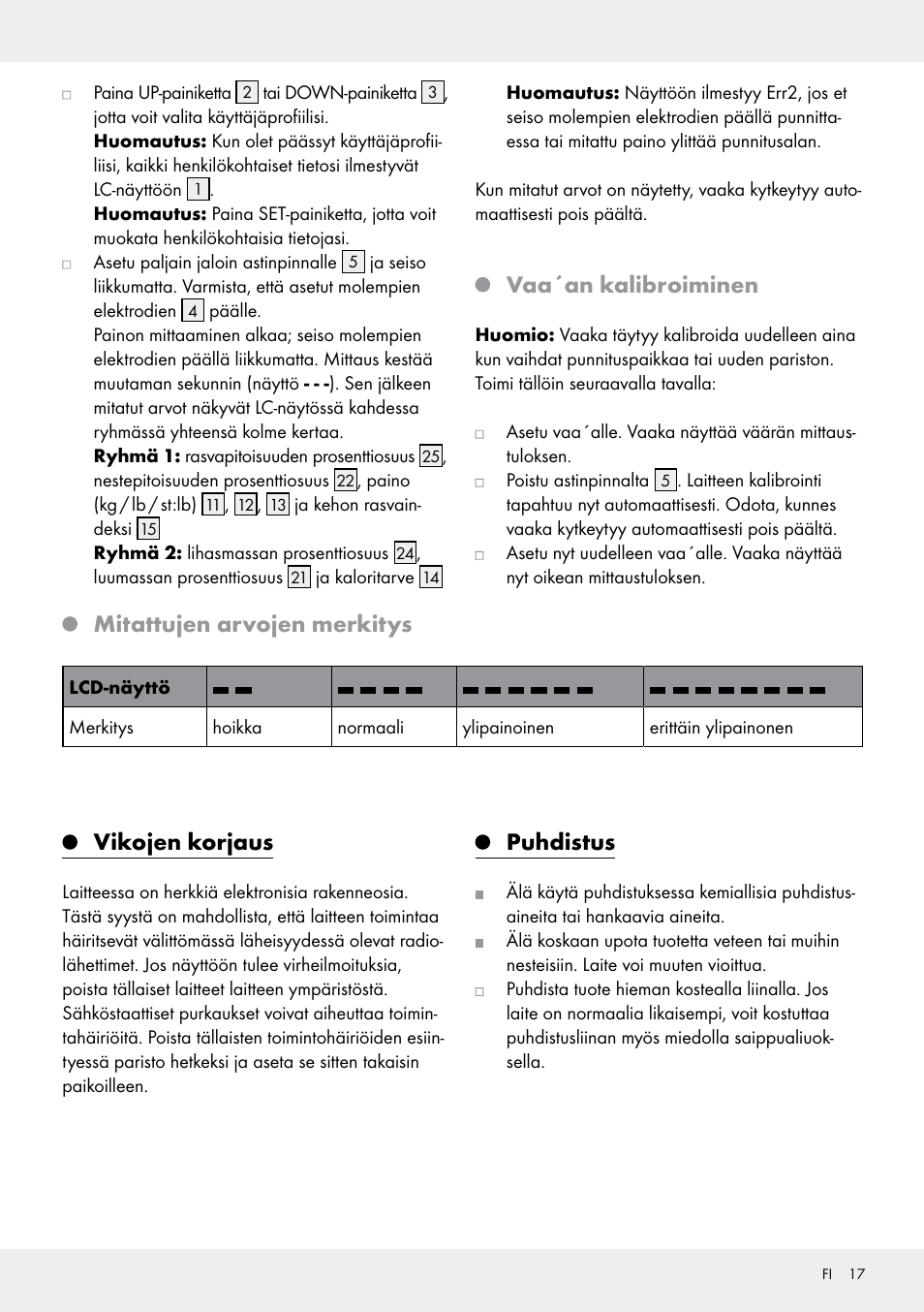 Mitattujen arvojen merkitys, Vaa´an kalibroiminen, Vikojen korjaus | Puhdistus | Silvercrest 103803-14-01/103803-14-02 User Manual | Page 17 / 57