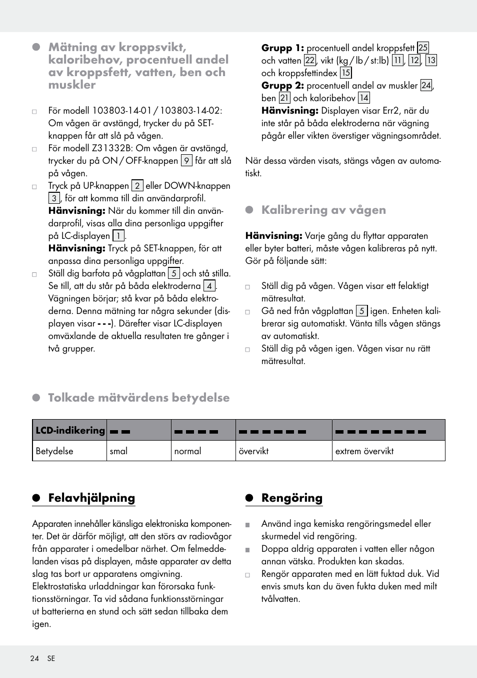 Kalibrering av vågen, Tolkade mätvärdens betydelse, Felavhjälpning | Rengöring | Silvercrest 103803-14-01/103803-14-02 User Manual | Page 24 / 57
