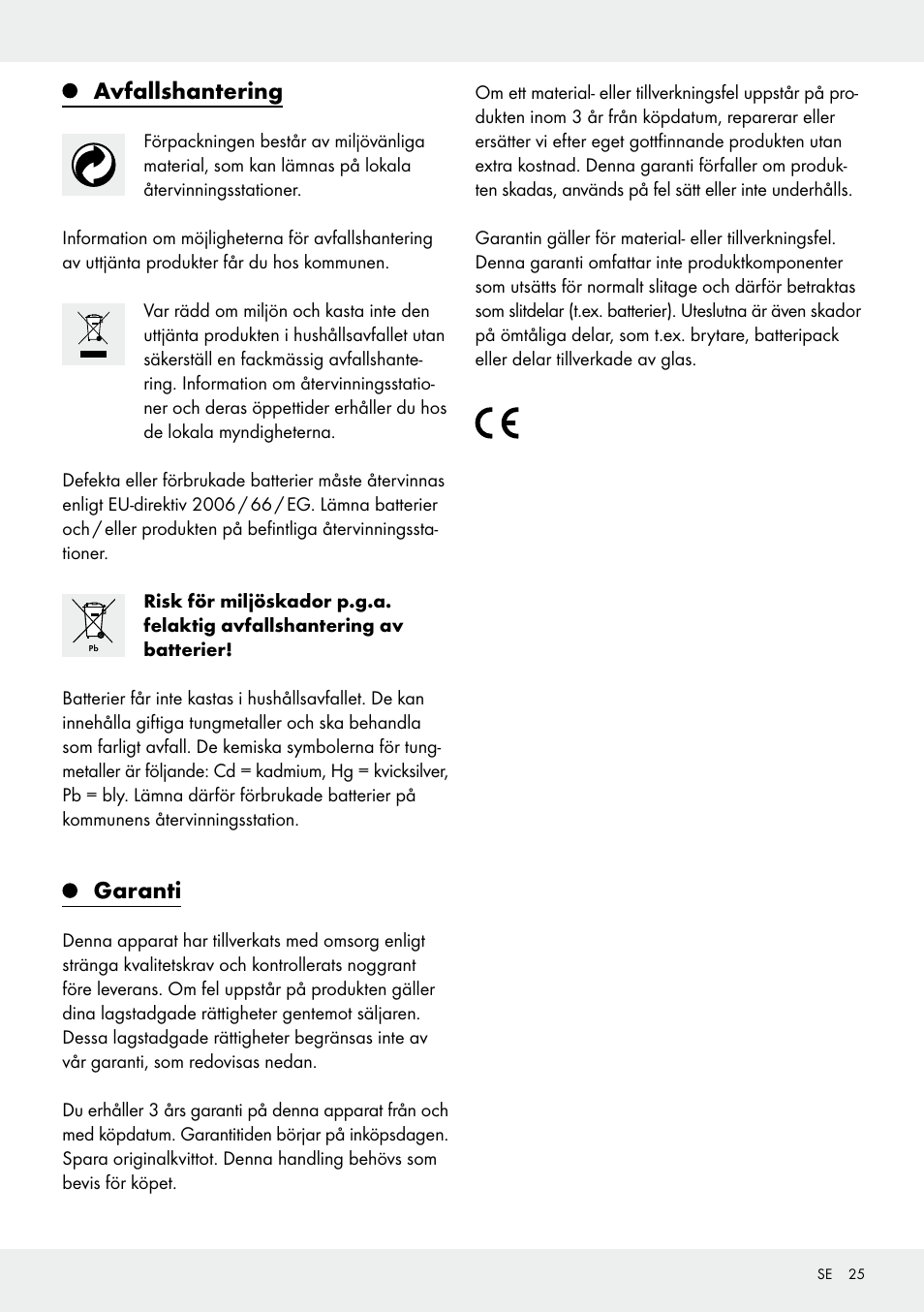 Avfallshantering, Garanti | Silvercrest 103803-14-01/103803-14-02 User Manual | Page 25 / 57