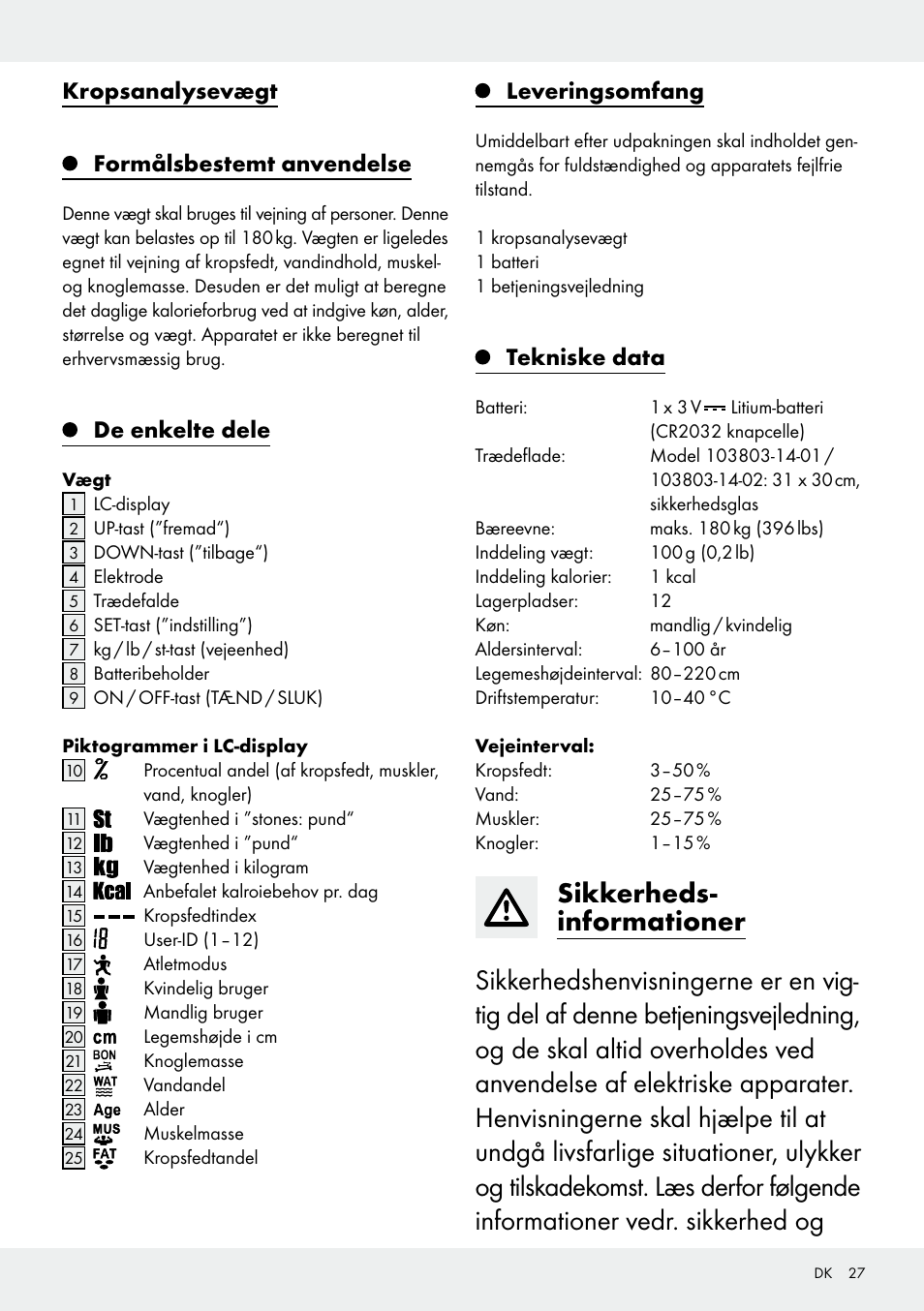 Kropsanalysevægt formålsbestemt anvendelse, De enkelte dele, Leveringsomfang | Tekniske data | Silvercrest 103803-14-01/103803-14-02 User Manual | Page 27 / 57