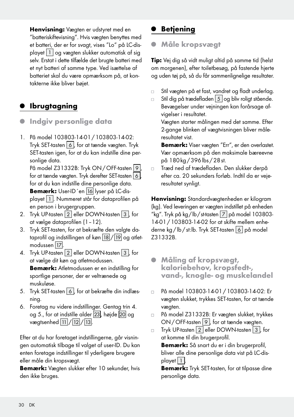 Ibrugtagning indgiv personlige data, Betjening måle kropsvægt | Silvercrest 103803-14-01/103803-14-02 User Manual | Page 30 / 57