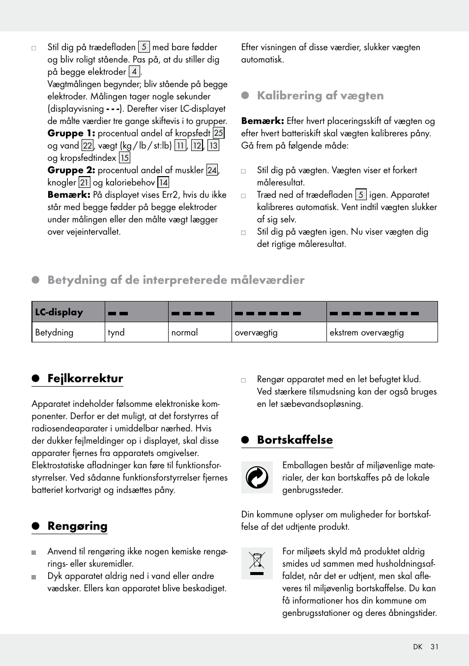 Betydning af de interpreterede måleværdier, Fejlkorrektur, Rengøring | Bortskaffelse, Kalibrering af vægten | Silvercrest 103803-14-01/103803-14-02 User Manual | Page 31 / 57