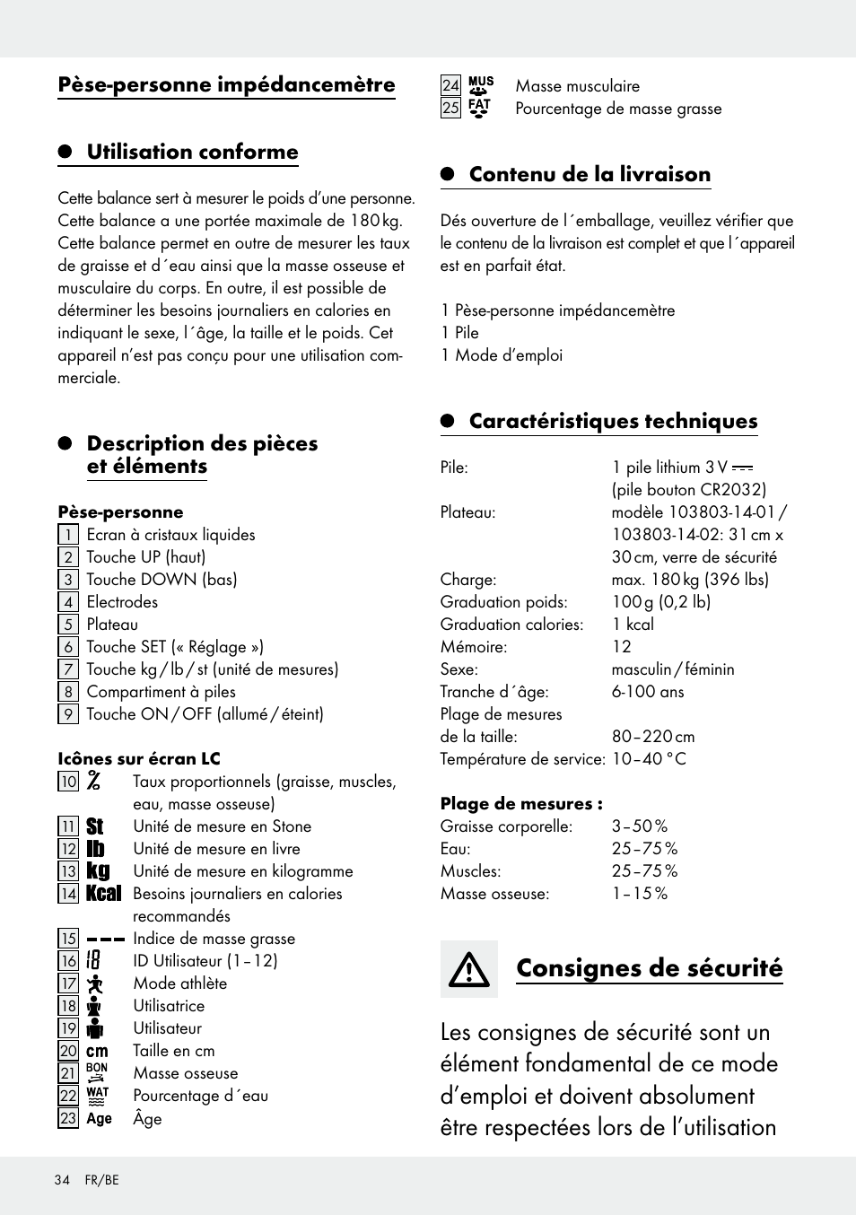 Pèse-personne impédancemètre utilisation conforme, Description des pièces et éléments, Contenu de la livraison | Caractéristiques techniques | Silvercrest 103803-14-01/103803-14-02 User Manual | Page 34 / 57