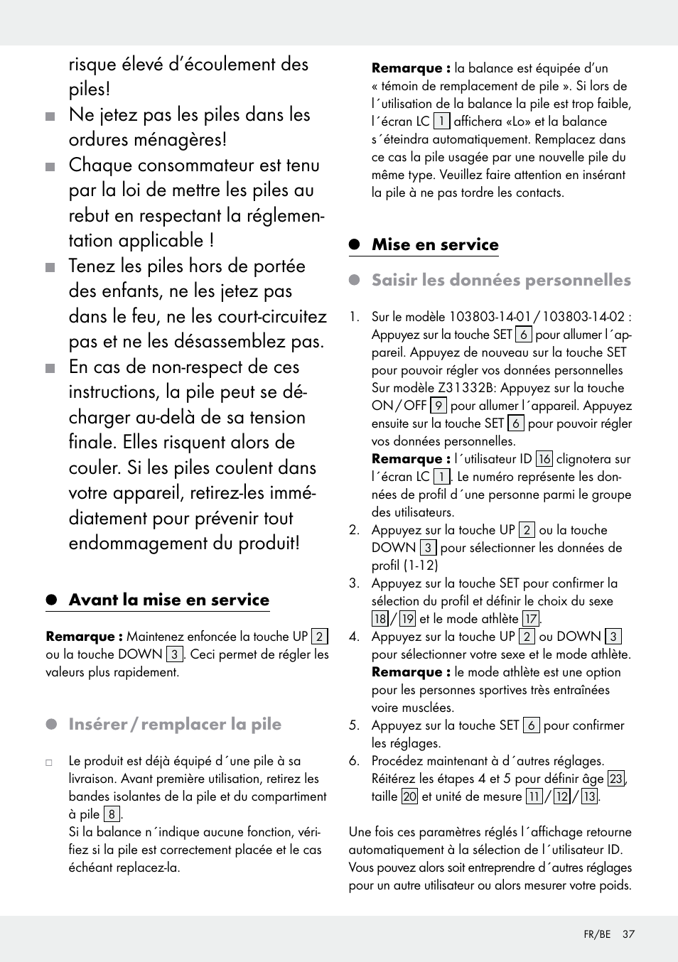 Avant la mise en service, Insérer / remplacer la pile, Mise en service saisir les données personnelles | Silvercrest 103803-14-01/103803-14-02 User Manual | Page 37 / 57