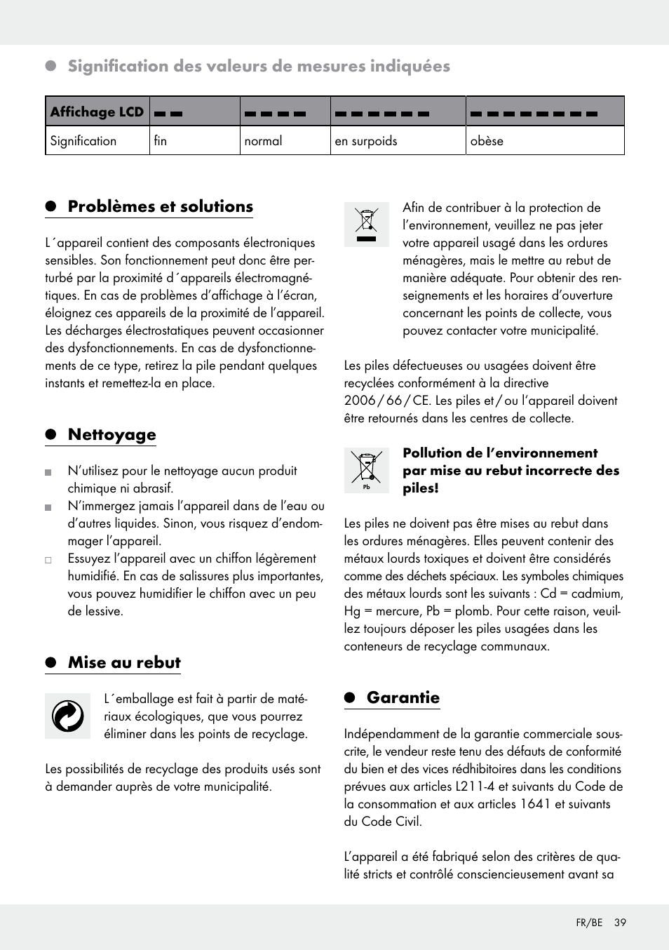 Signification des valeurs de mesures indiquées, Problèmes et solutions, Nettoyage | Mise au rebut, Garantie | Silvercrest 103803-14-01/103803-14-02 User Manual | Page 39 / 57